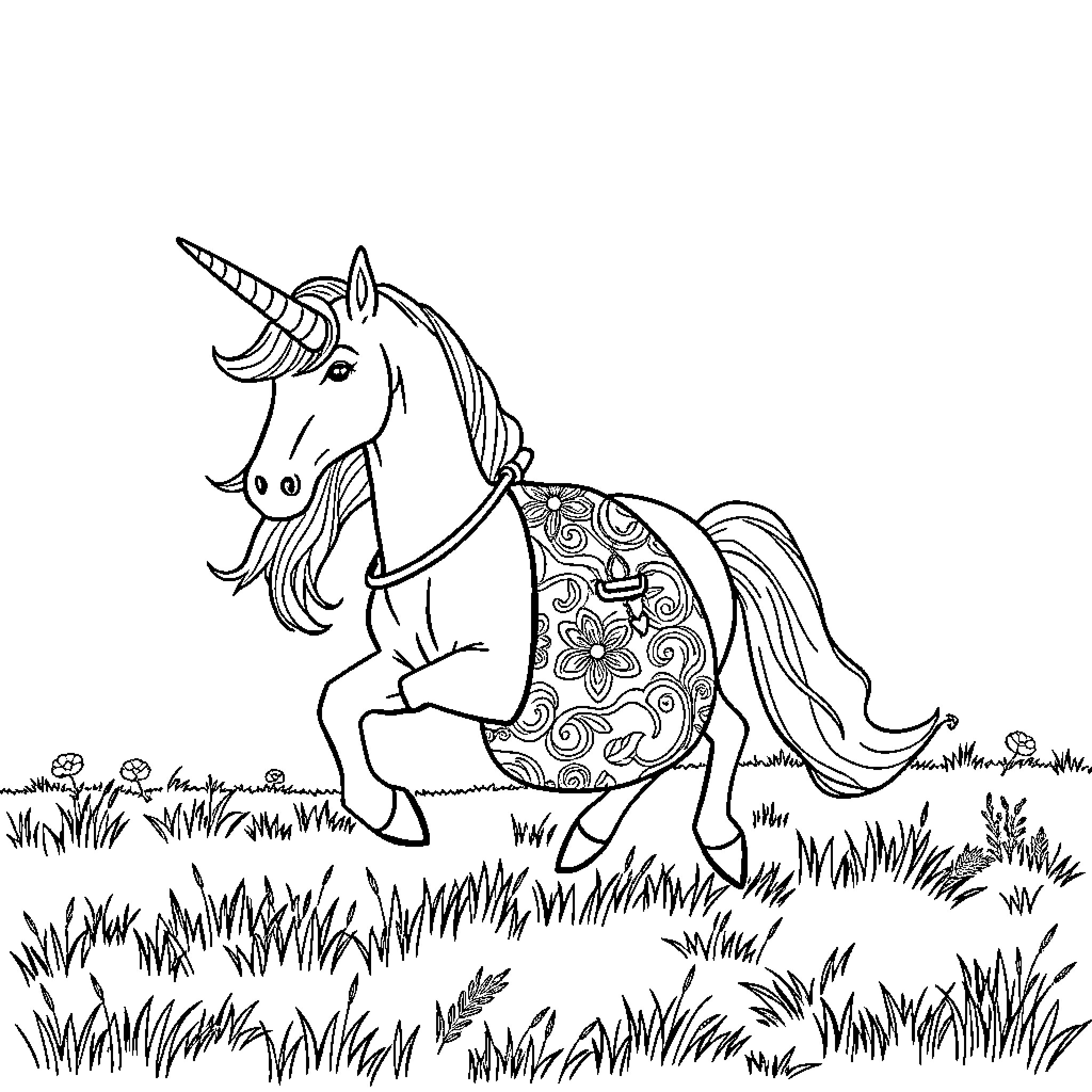 Unicorn prancing joyfully in the meadow Coloring Page (free black-and-white line drawing printable PDF for all, from beginners to advanced learners, including children, teens, adults, and seniors)