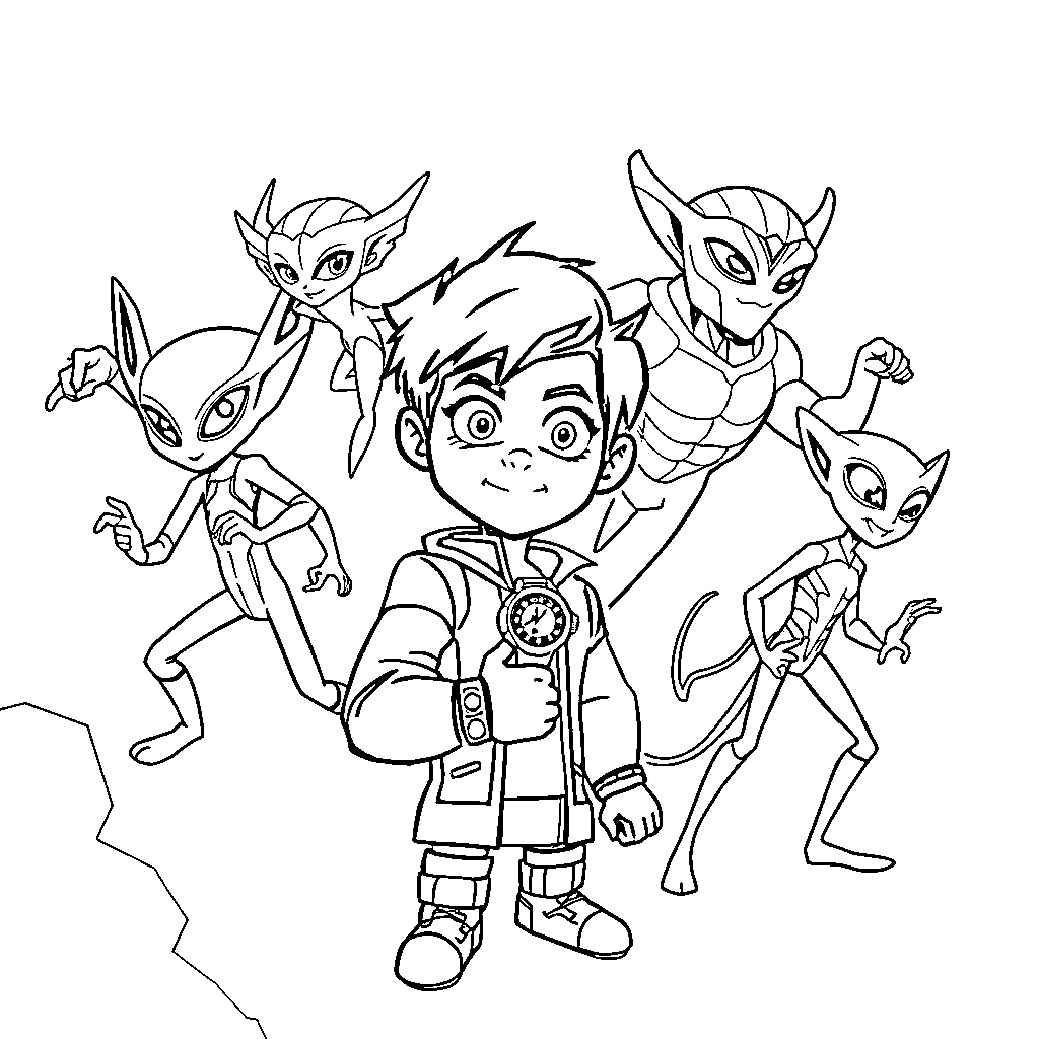 Ben 10 and his alien heroes in action Coloring Page (free black-and-white line drawing printable PDF for all, from beginners to advanced learners, including children, teens, adults, and seniors)