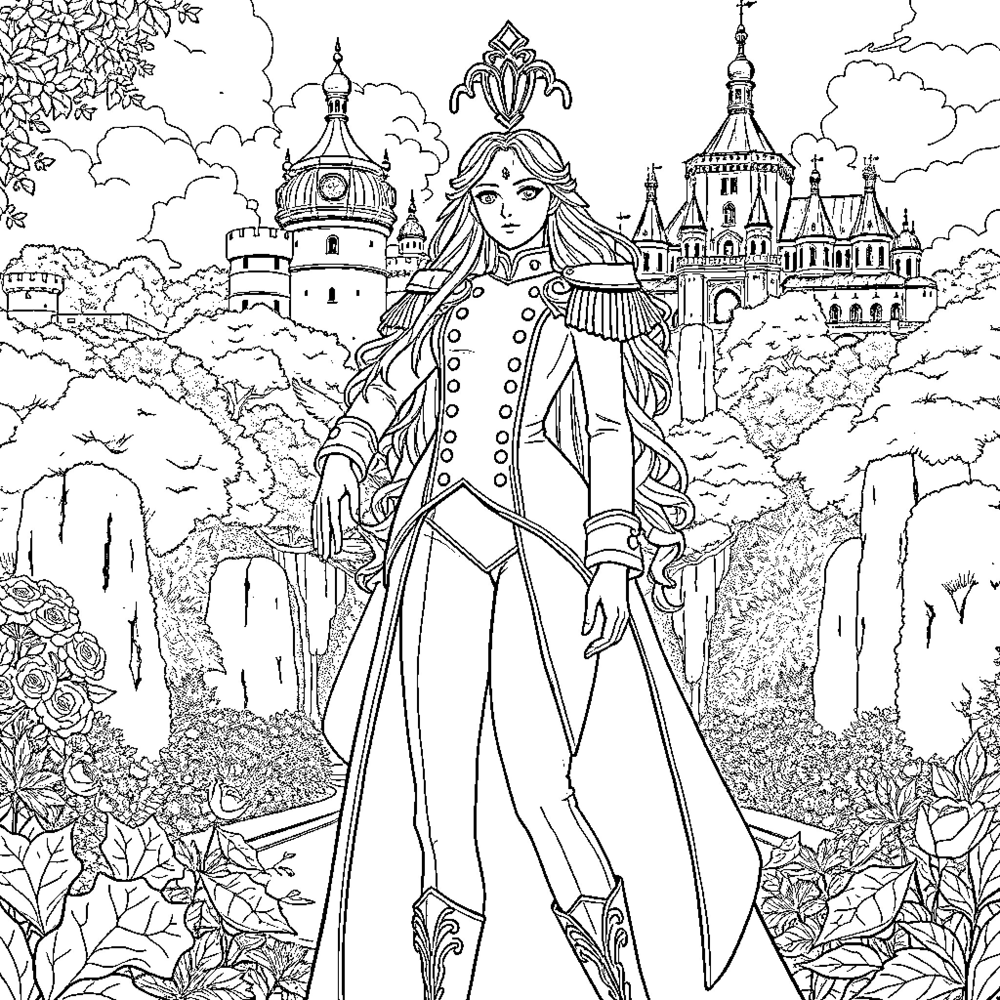 Lady Oscar in a Regal Pose Amidst a Fantastical Landscape Coloring Page (free black-and-white line drawing printable PDF for all, from beginners to advanced learners, including children, teens, adults, and seniors)