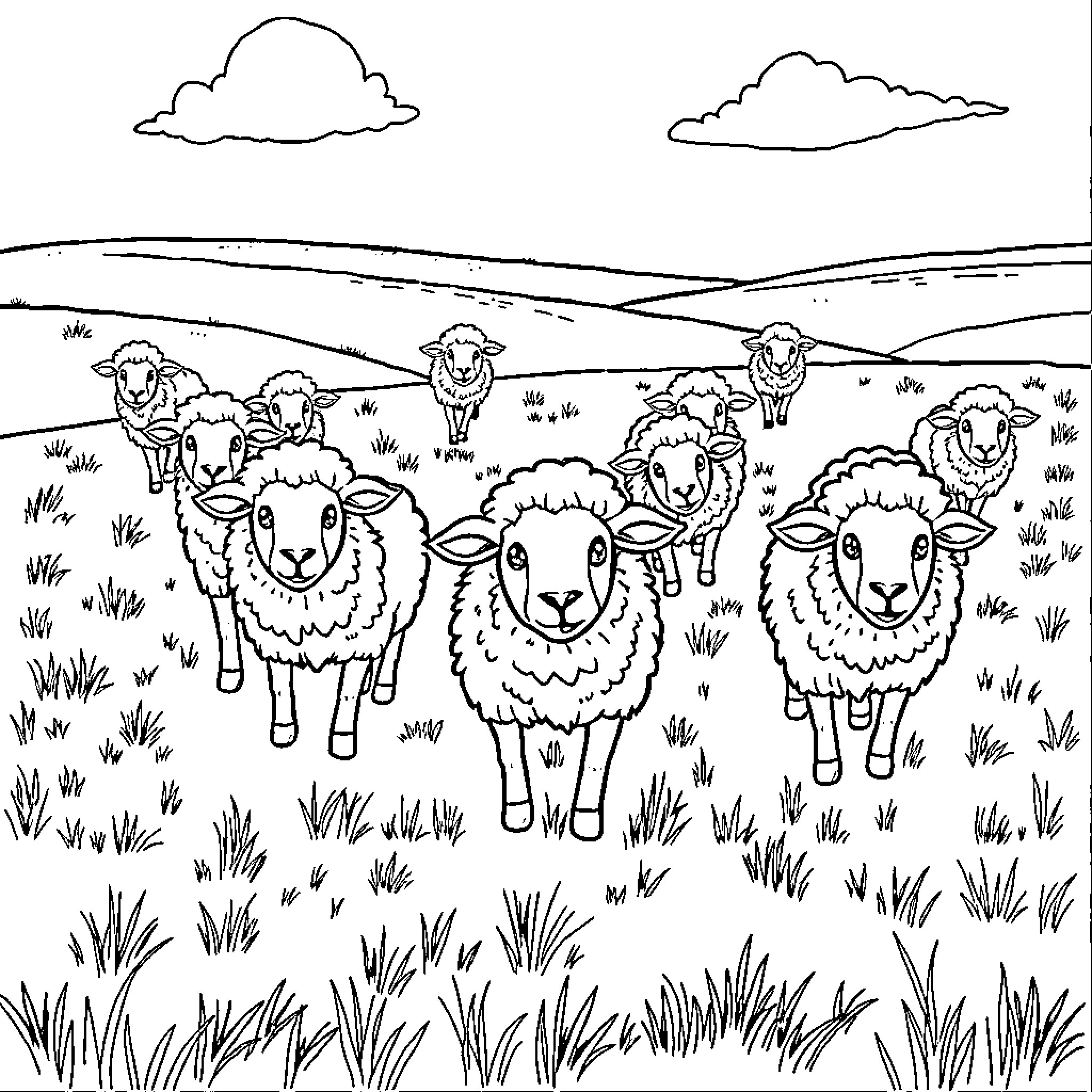 Sheep grazing peacefully in a pastoral field Coloring Page (free black-and-white line drawing printable PDF for all, from beginners to advanced learners, including children, teens, adults, and seniors)