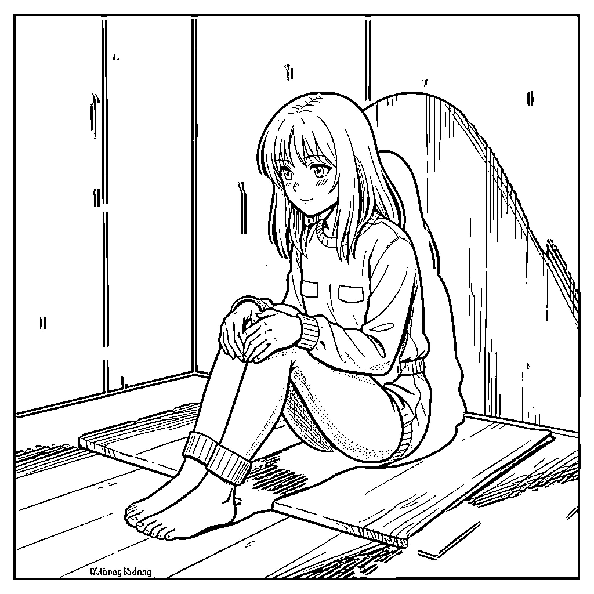 Girl sitting alone in contemplation Coloring Page (free black-and-white line drawing printable PDF for all, from beginners to advanced learners, including children, teens, adults, and seniors)