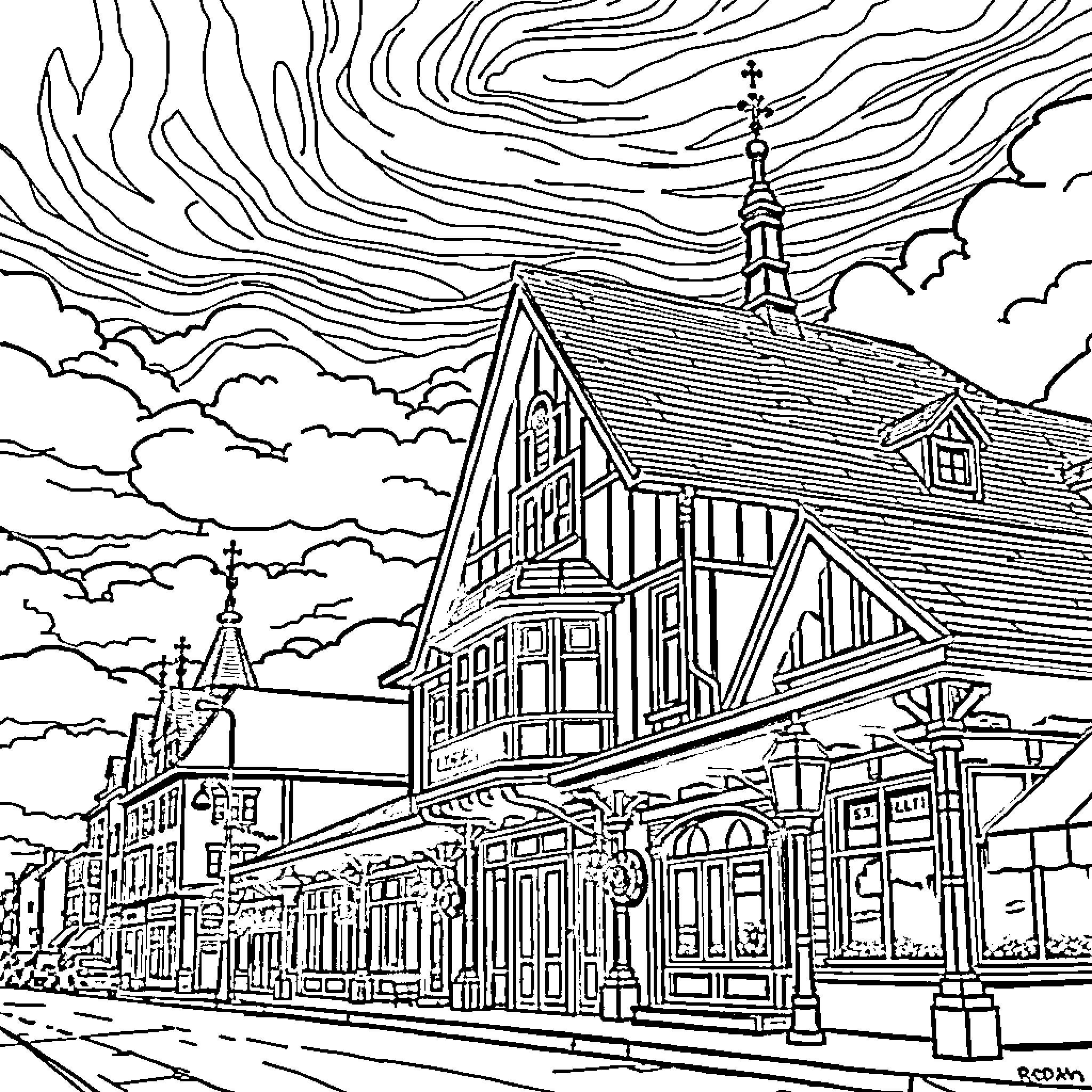 City with historic, ornate buildings and dramatic sky Coloring Page (free black-and-white line drawing printable PDF for all, from beginners to advanced learners, including children, teens, adults, and seniors)