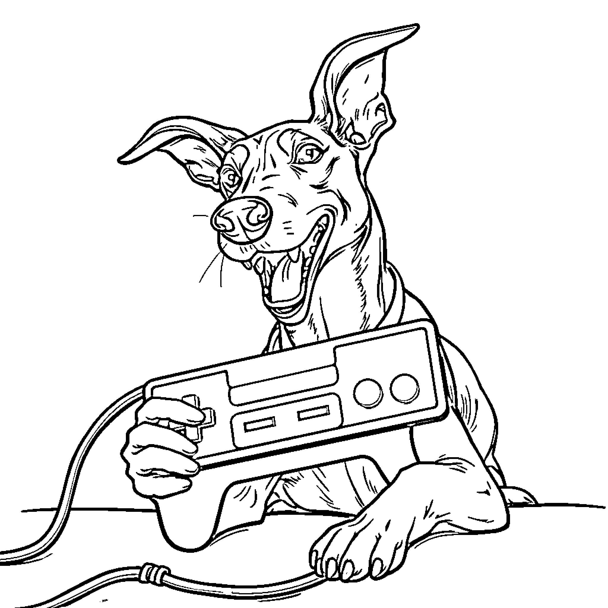 Italian Greyhound happily playing video games Coloring Page (free black-and-white line drawing printable PDF for all, from beginners to advanced learners, including children, teens, adults, and seniors)