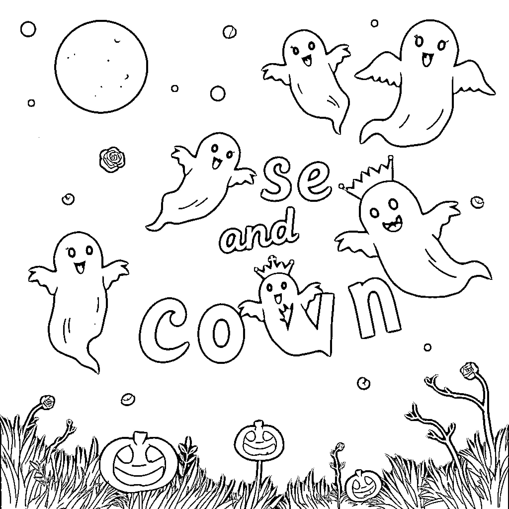 Ghost and Corvin's Halloween Hijinks Coloring Page (free black-and-white line drawing printable PDF for all, from beginners to advanced learners, including children, teens, adults, and seniors)