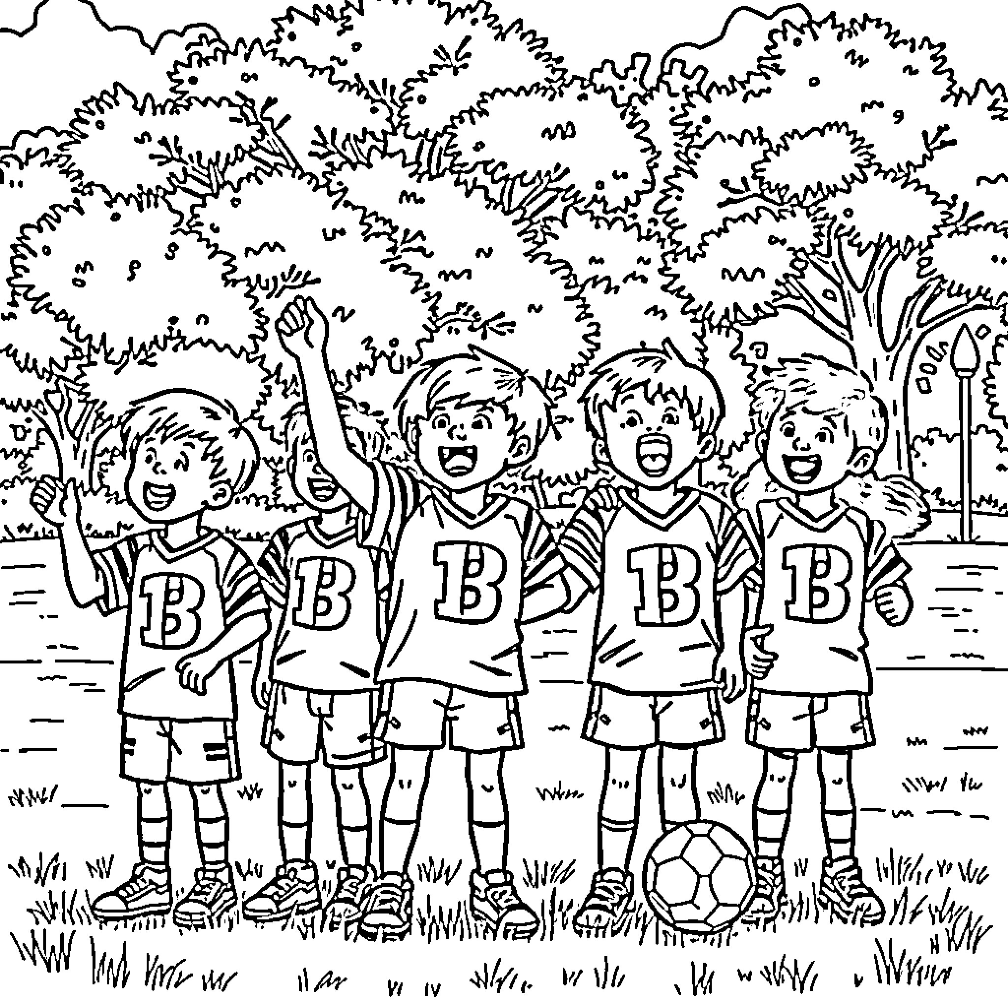 Bengals team celebrating with a soccer ball Coloring Page (free black-and-white line drawing printable PDF for all, from beginners to advanced learners, including children, teens, adults, and seniors)