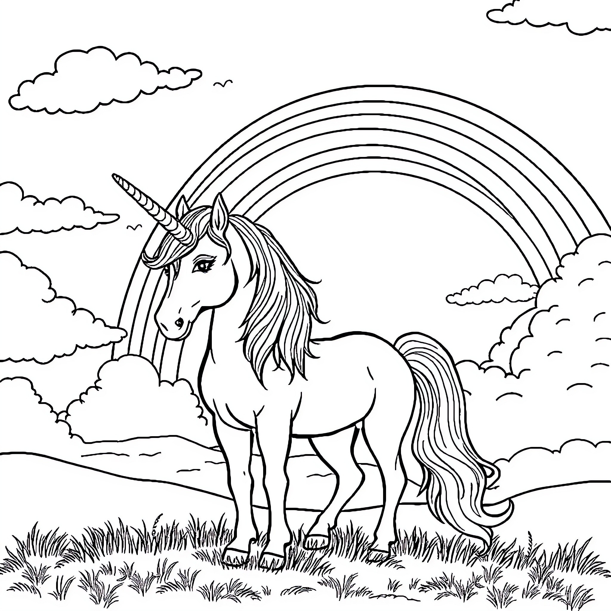 Unicorn standing proudly beneath a rainbow Coloring Page (free black-and-white line drawing printable PDF for all, from beginners to advanced learners, including children, teens, adults, and seniors)