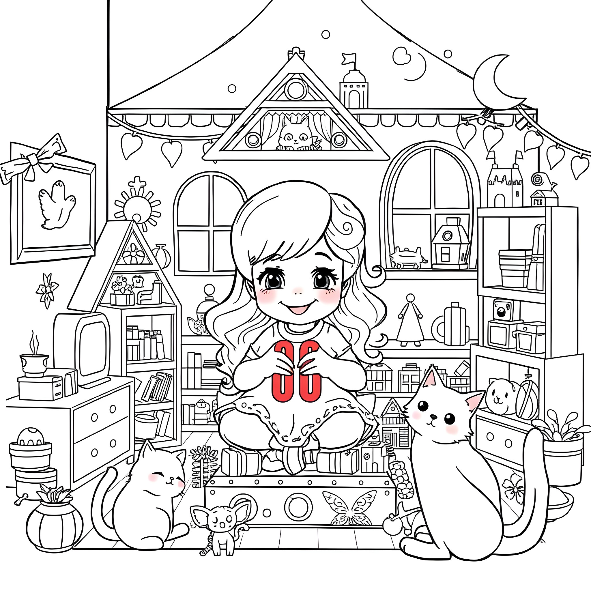 Gabby's Cozy Cottage with Adorable Pets Coloring Page (free black-and-white line drawing printable PDF for all, from beginners to advanced learners, including children, teens, adults, and seniors)
