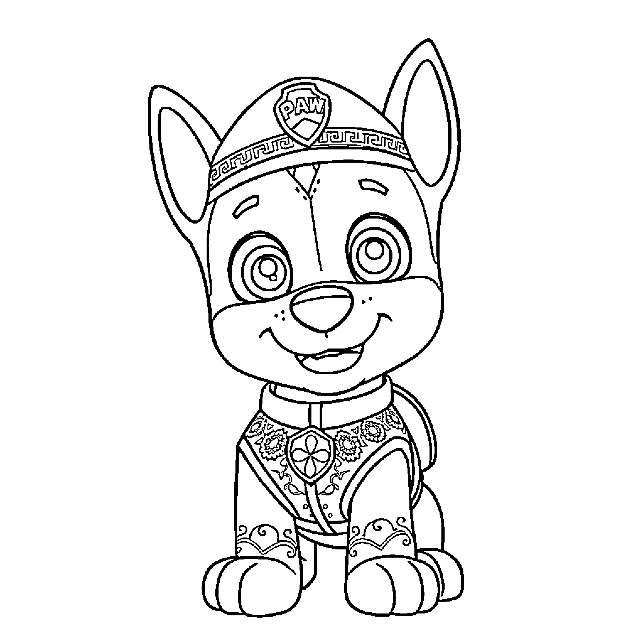 Paw Patrol puppy in tribal outfit Coloring Page (free black-and-white line drawing printable PDF for all, from beginners to advanced learners, including children, teens, adults, and seniors)