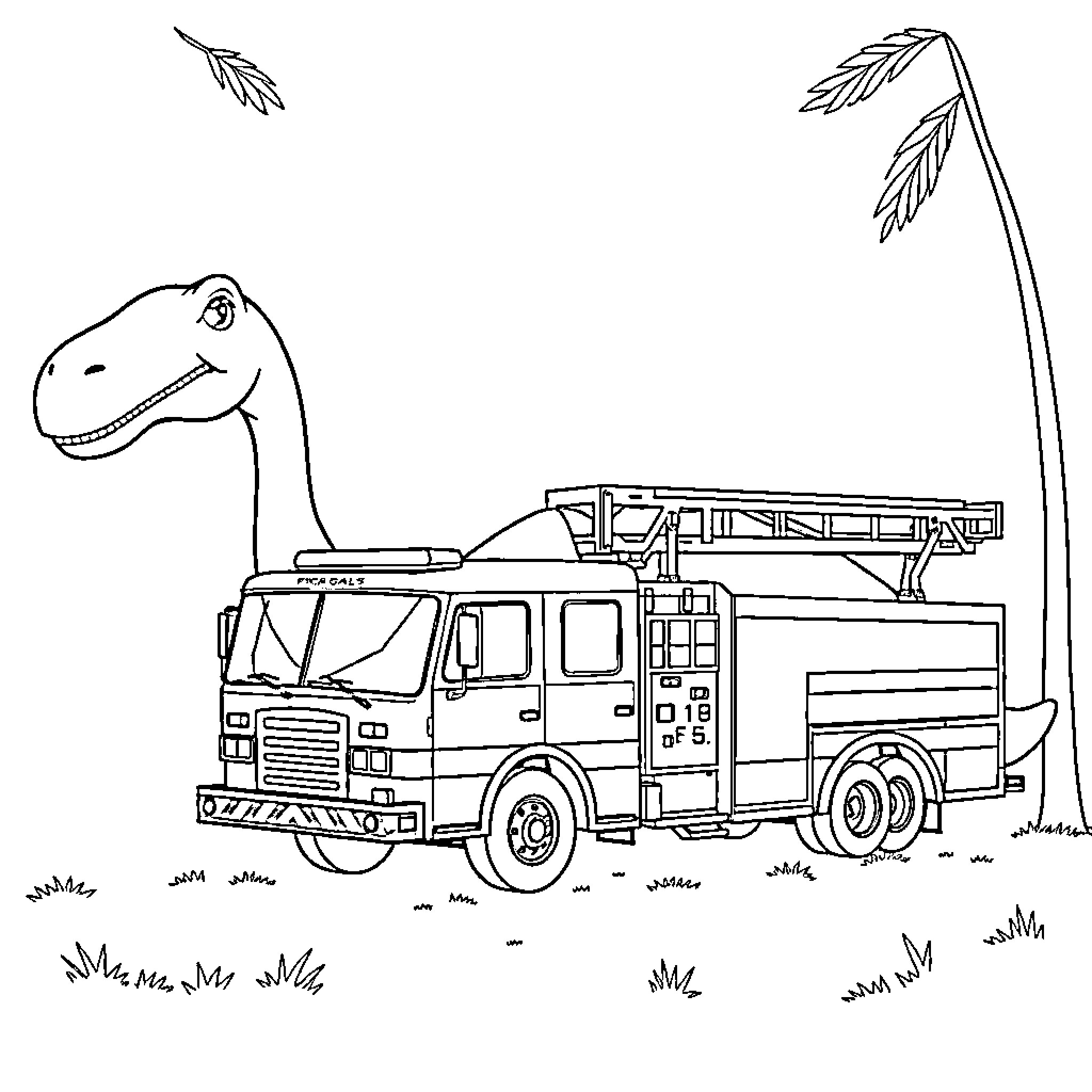 Diplodocus riding on a fire truck in the wild Coloring Page (free black-and-white line drawing printable PDF for all, from beginners to advanced learners, including children, teens, adults, and seniors)