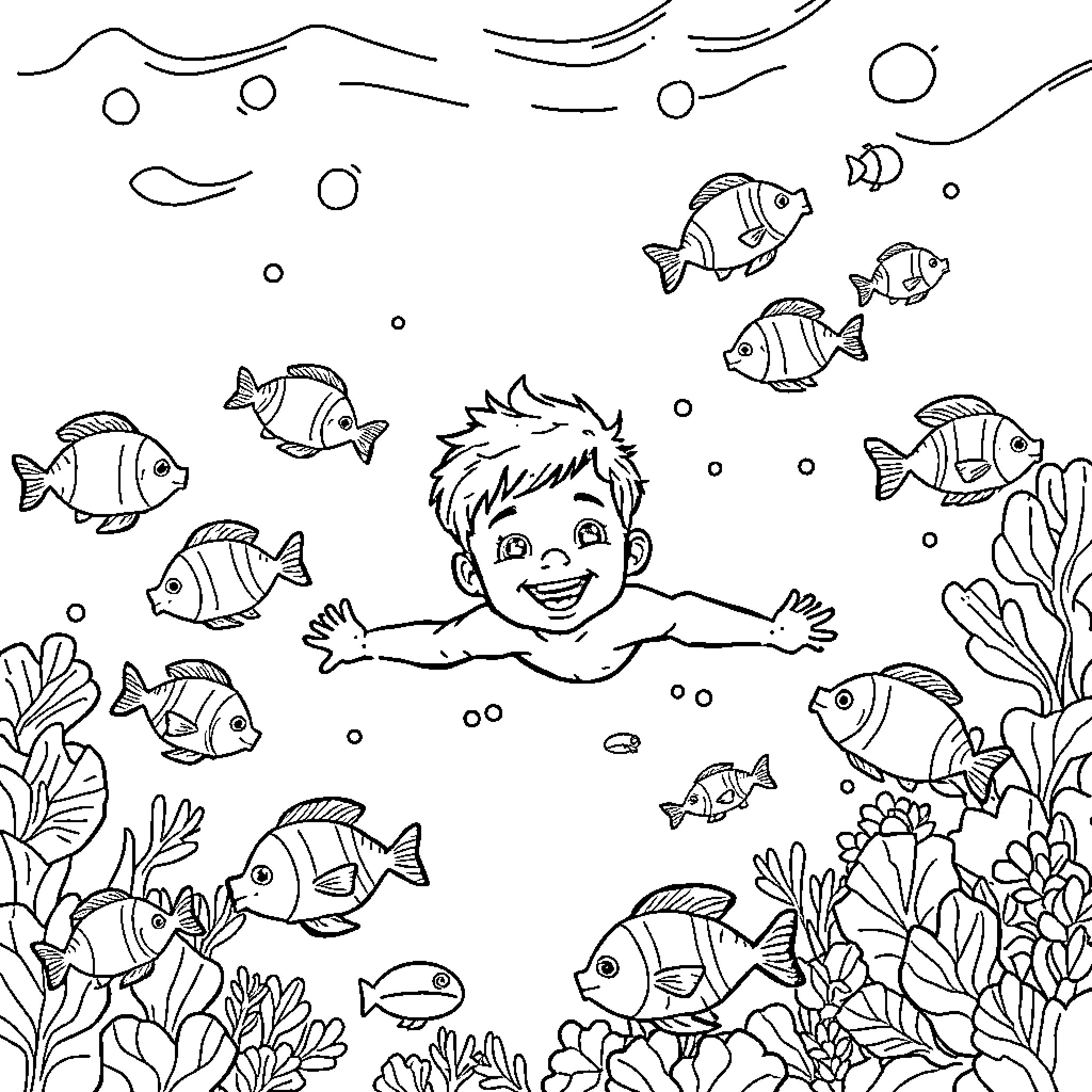 Boy Enjoying Underwater Adventure with Colorful Fish Coloring Page (free black-and-white line drawing printable PDF for all, from beginners to advanced learners, including children, teens, adults, and seniors)