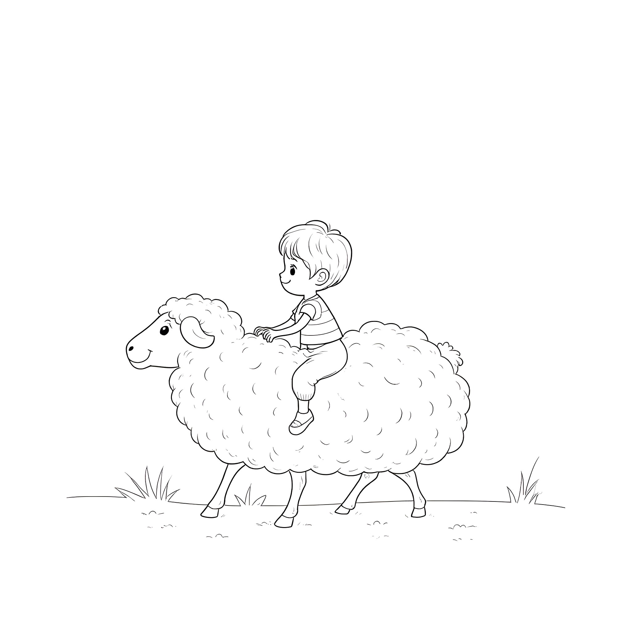 Child riding a sheep in the field Coloring Page (free black-and-white line drawing printable PDF for all, from beginners to advanced learners, including children, teens, adults, and seniors)