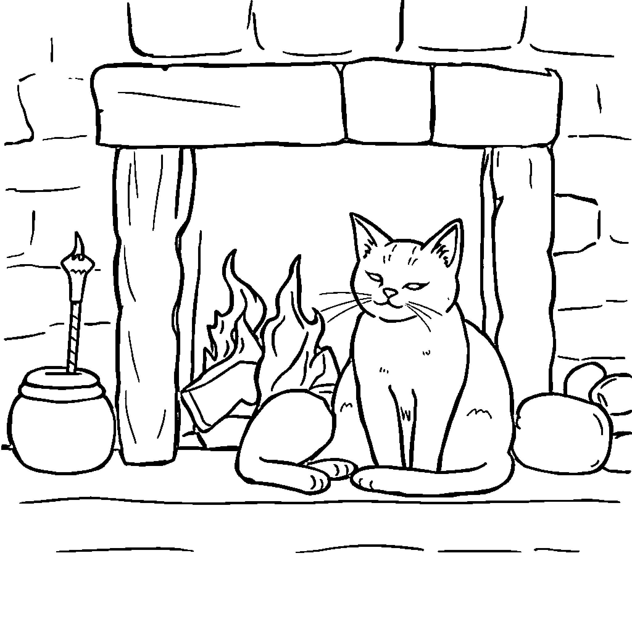 Chat by the Fireplace Coloring Page (free black-and-white line drawing printable PDF for all, from beginners to advanced learners, including children, teens, adults, and seniors)