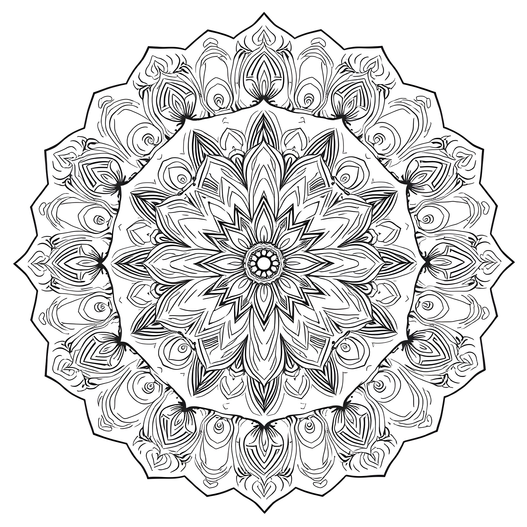 Mandala with intricate floral patterns and symmetry Coloring Page (free black-and-white line drawing printable PDF for all, from beginners to advanced learners, including children, teens, adults, and seniors)