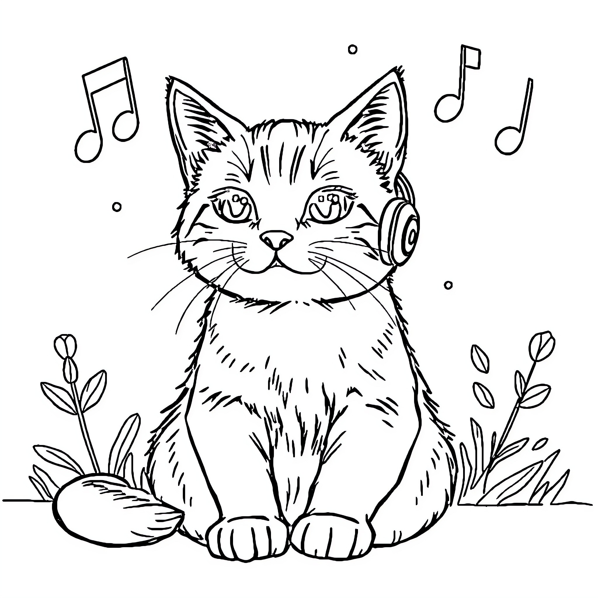 Cat Listening to Music in Nature Coloring Page (free black-and-white line drawing printable PDF for all, from beginners to advanced learners, including children, teens, adults, and seniors)