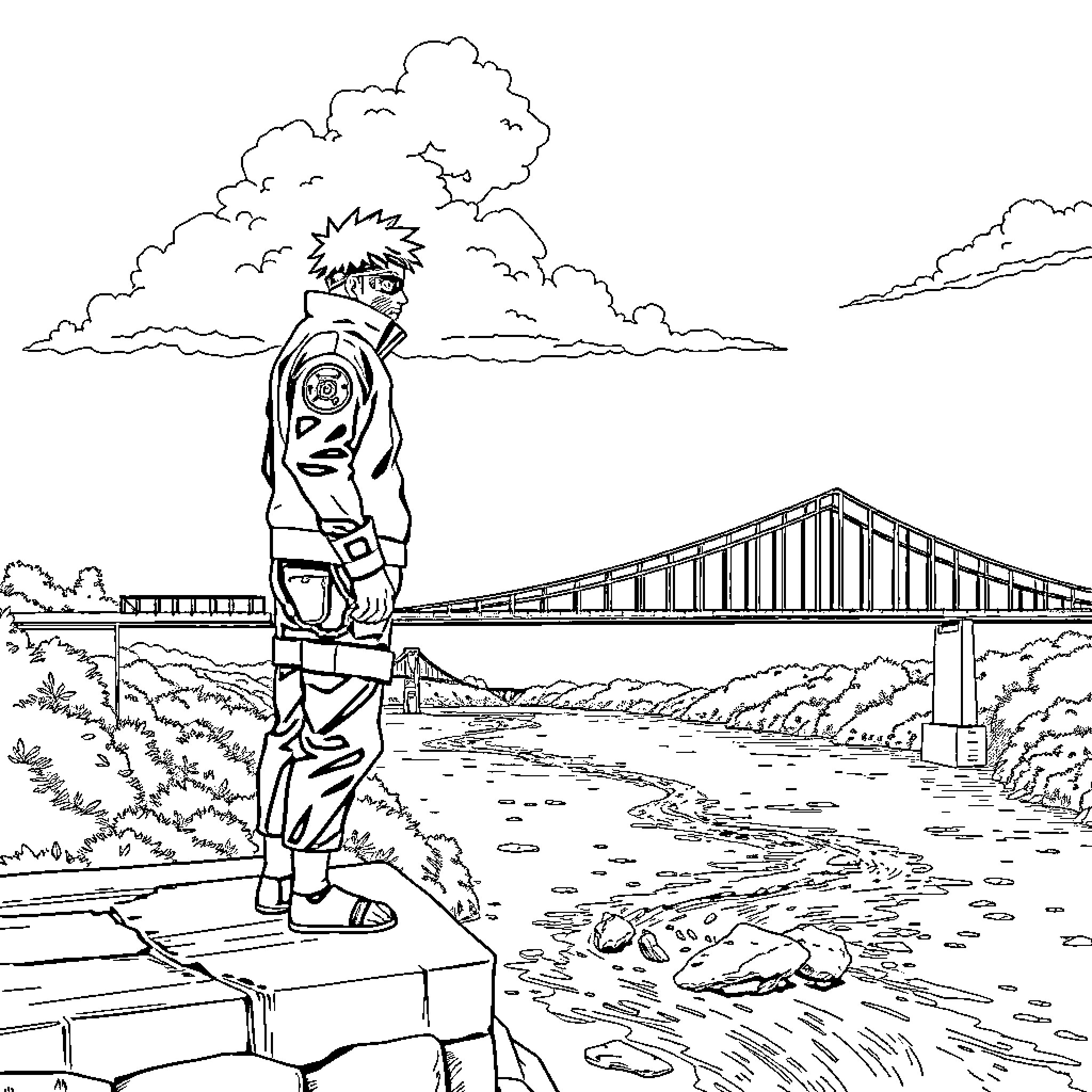Kakashi overlooking the bridge and landscape Coloring Page (free black-and-white line drawing printable PDF for all, from beginners to advanced learners, including children, teens, adults, and seniors)