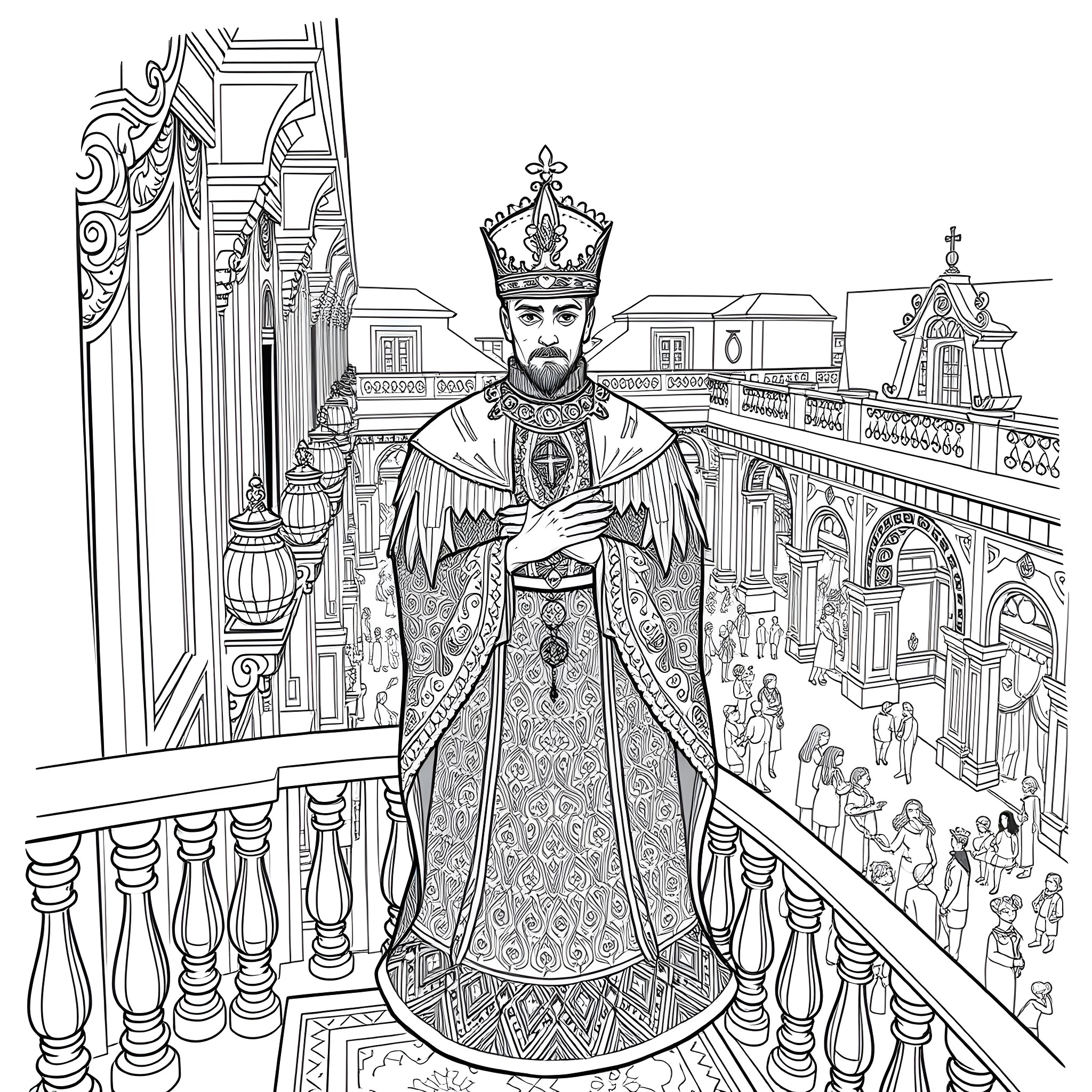 Grand Marquis Presiding Over an Ornate Palace Scene Coloring Page (free black-and-white line drawing printable PDF for all, from beginners to advanced learners, including children, teens, adults, and seniors)