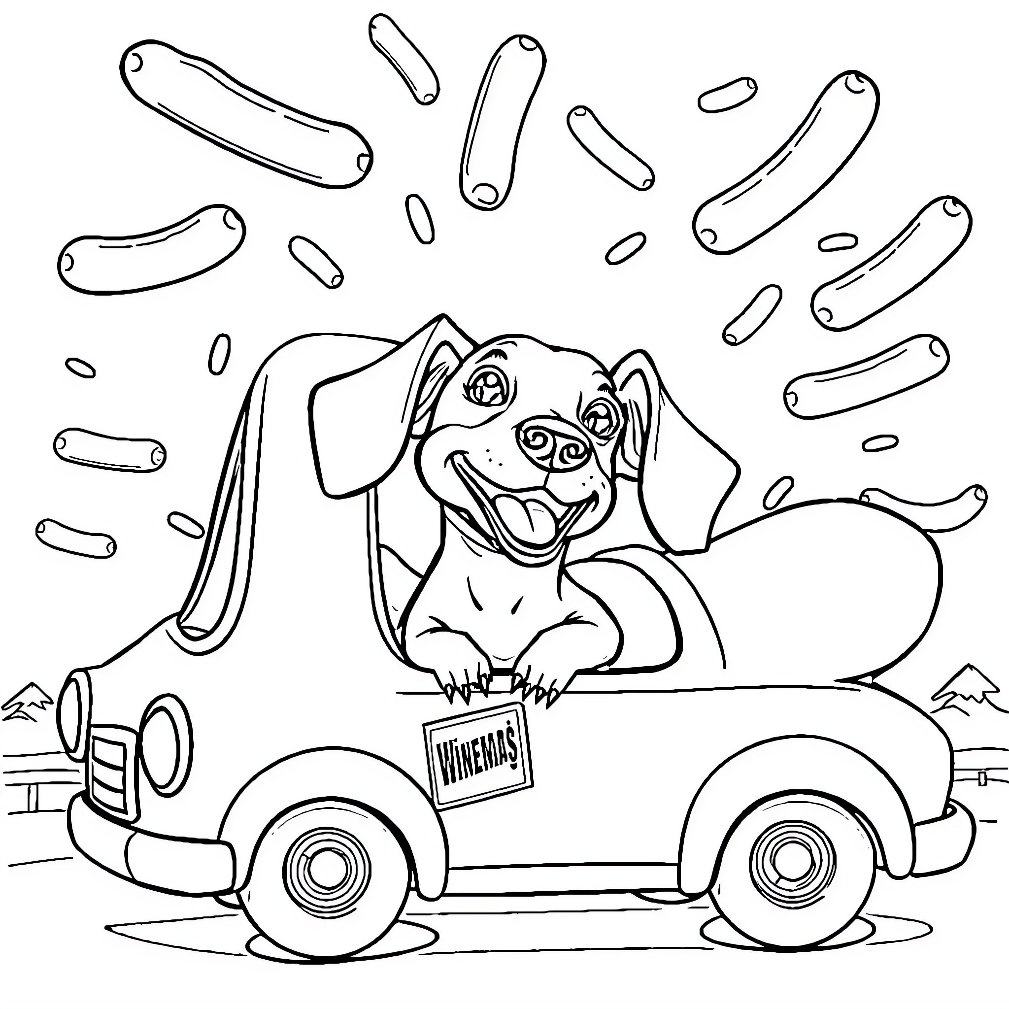 Dachshund driving a car happily Coloring Page (free black-and-white line drawing printable PDF for all, from beginners to advanced learners, including children, teens, adults, and seniors)