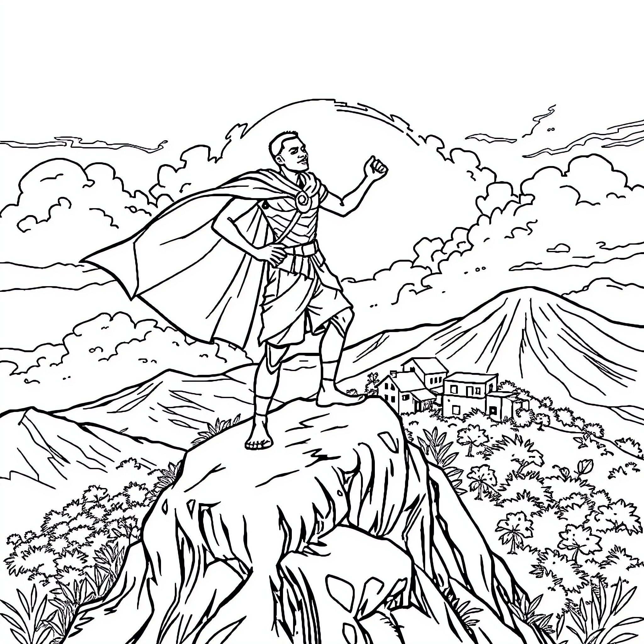 Crait - Heroic warrior stands atop rugged landscape Coloring Page (free black-and-white line drawing printable PDF for all, from beginners to advanced learners, including children, teens, adults, and seniors)