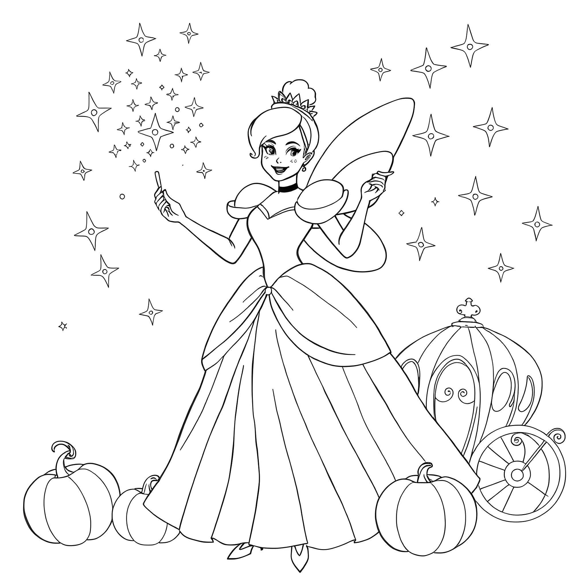 Fairy Godmother casts magical spells Coloring Page (free black-and-white line drawing printable PDF for all, from beginners to advanced learners, including children, teens, adults, and seniors)