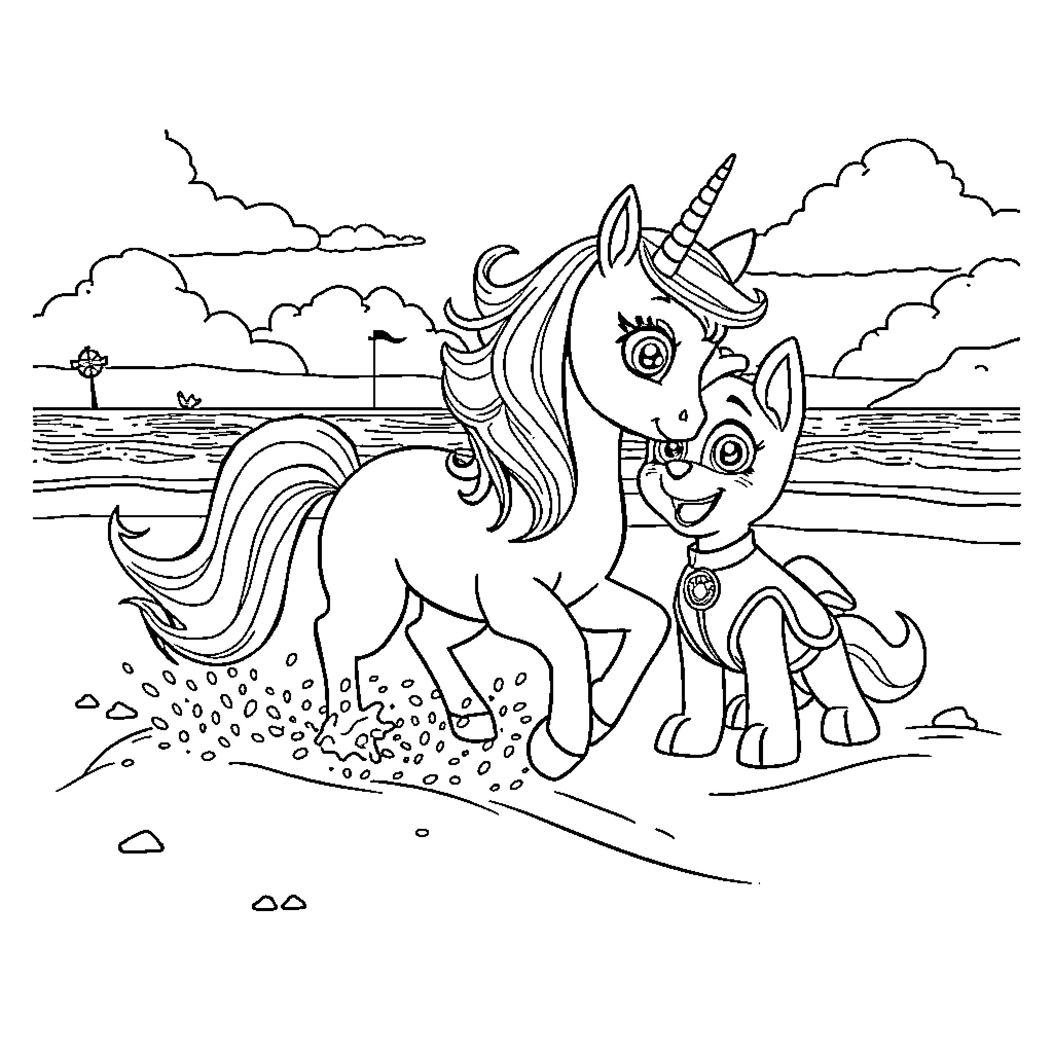 Unicorn and puppy exploring the countryside Coloring Page (free black-and-white line drawing printable PDF for all, from beginners to advanced learners, including children, teens, adults, and seniors)