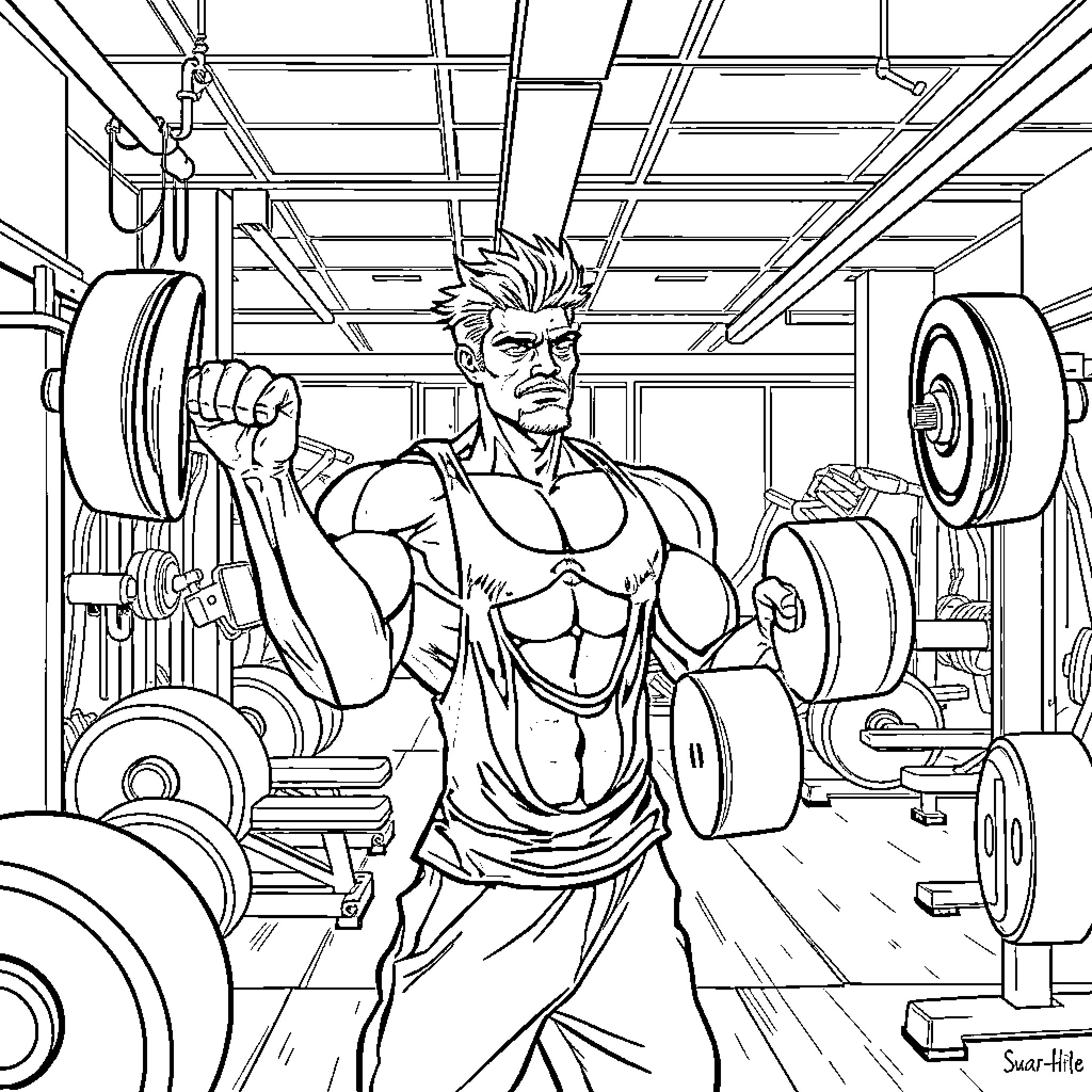 Bluey's Fitness Journey: Strength Training in the Gym Coloring Page (free black-and-white line drawing printable PDF for all, from beginners to advanced learners, including children, teens, adults, and seniors)