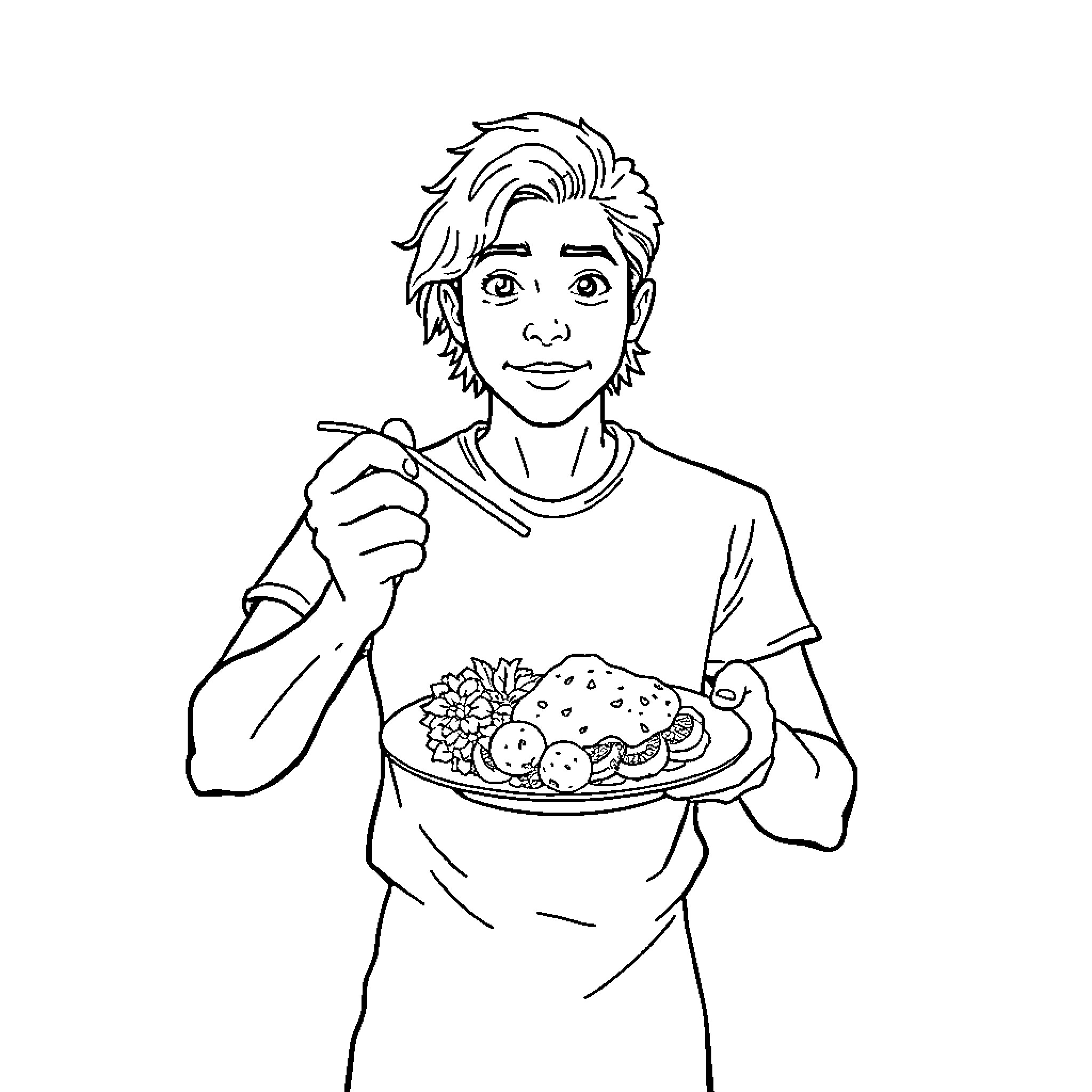 Vegan male enjoying healthy vegetarian meal Coloring Page (free black-and-white line drawing printable PDF for all, from beginners to advanced learners, including children, teens, adults, and seniors)