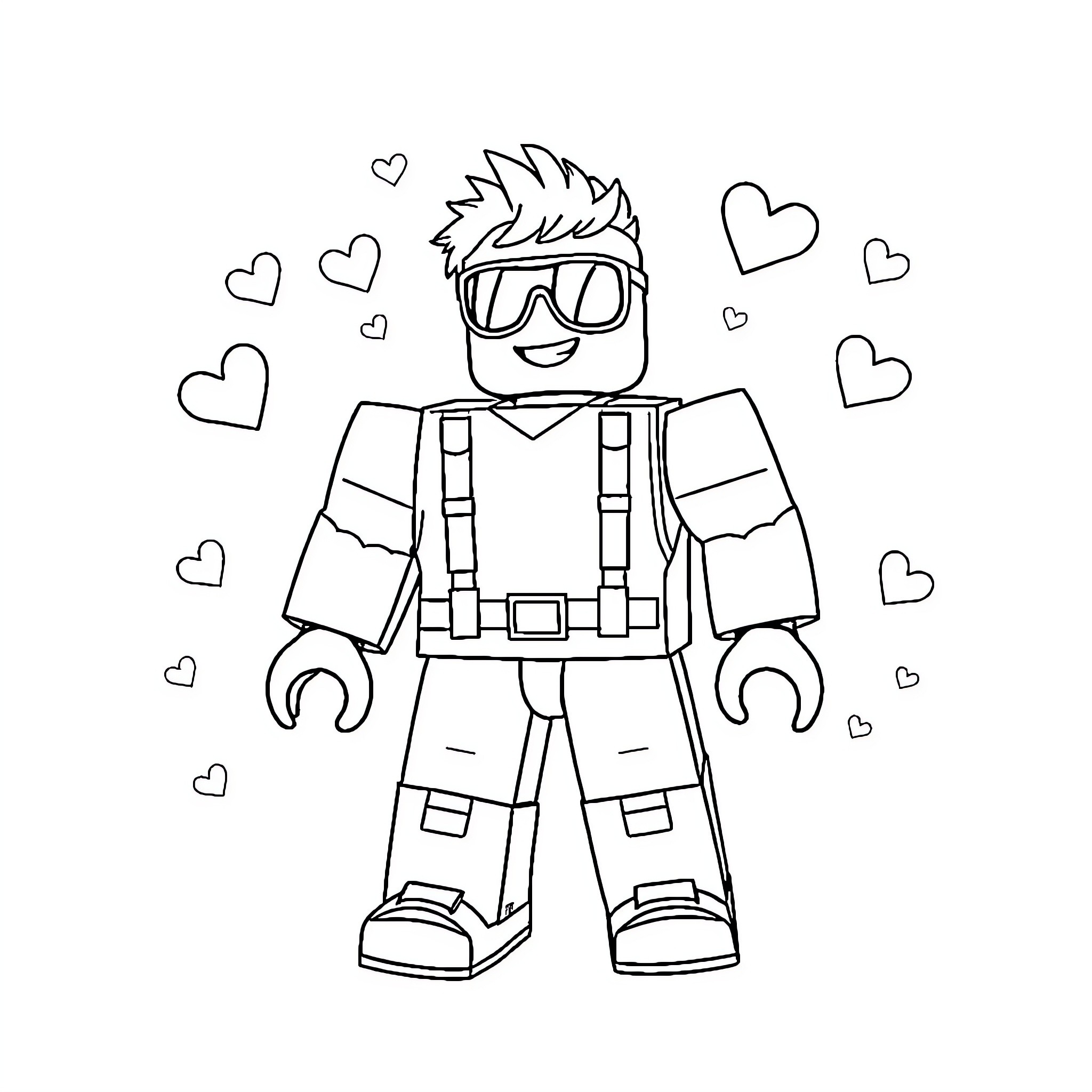 Roblox character with happy expression and heart symbols Coloring Page (free black-and-white line drawing printable PDF for all, from beginners to advanced learners, including children, teens, adults, and seniors)
