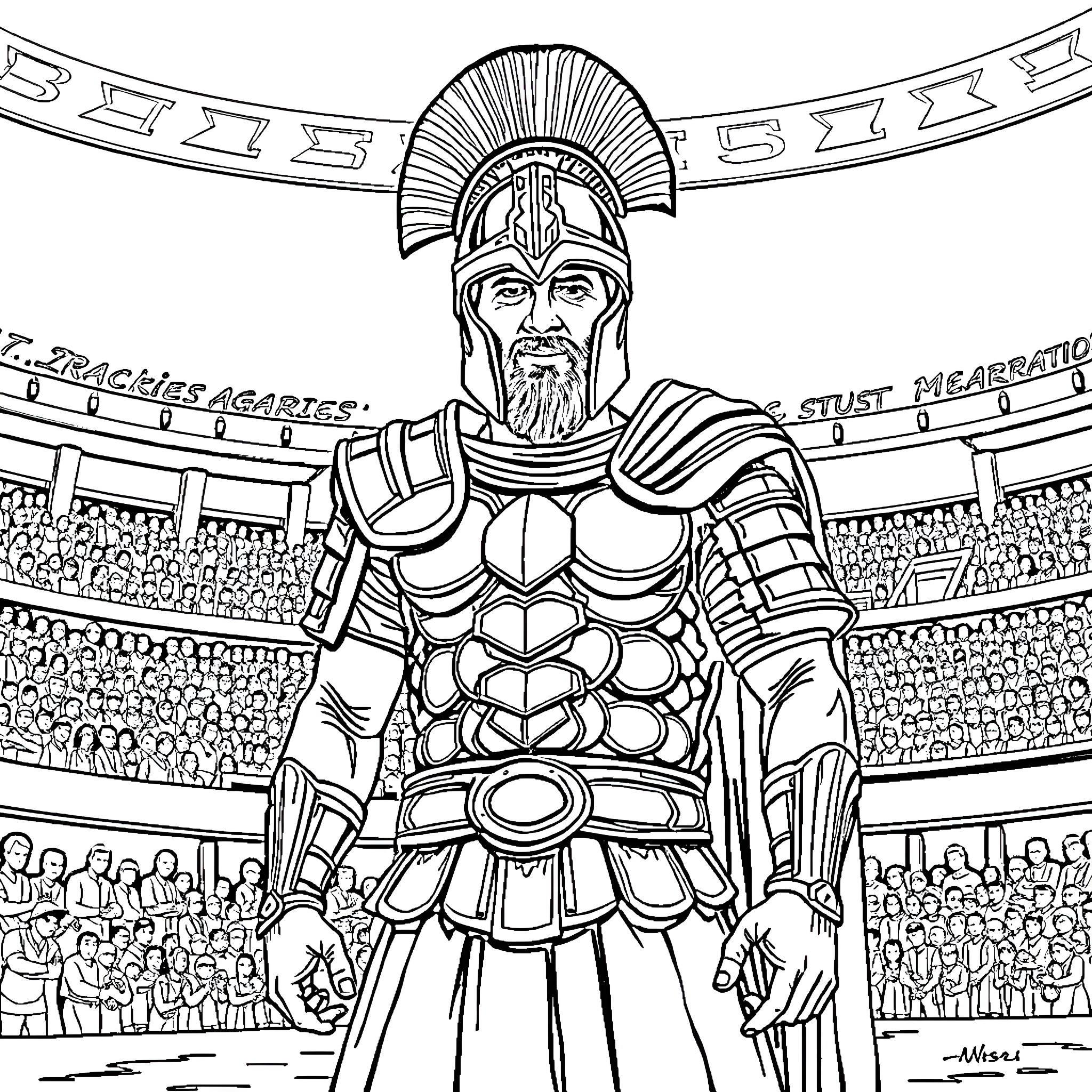 Messi as a Spartan warrior in the colosseum Coloring Page (free black-and-white line drawing printable PDF for all, from beginners to advanced learners, including children, teens, adults, and seniors)