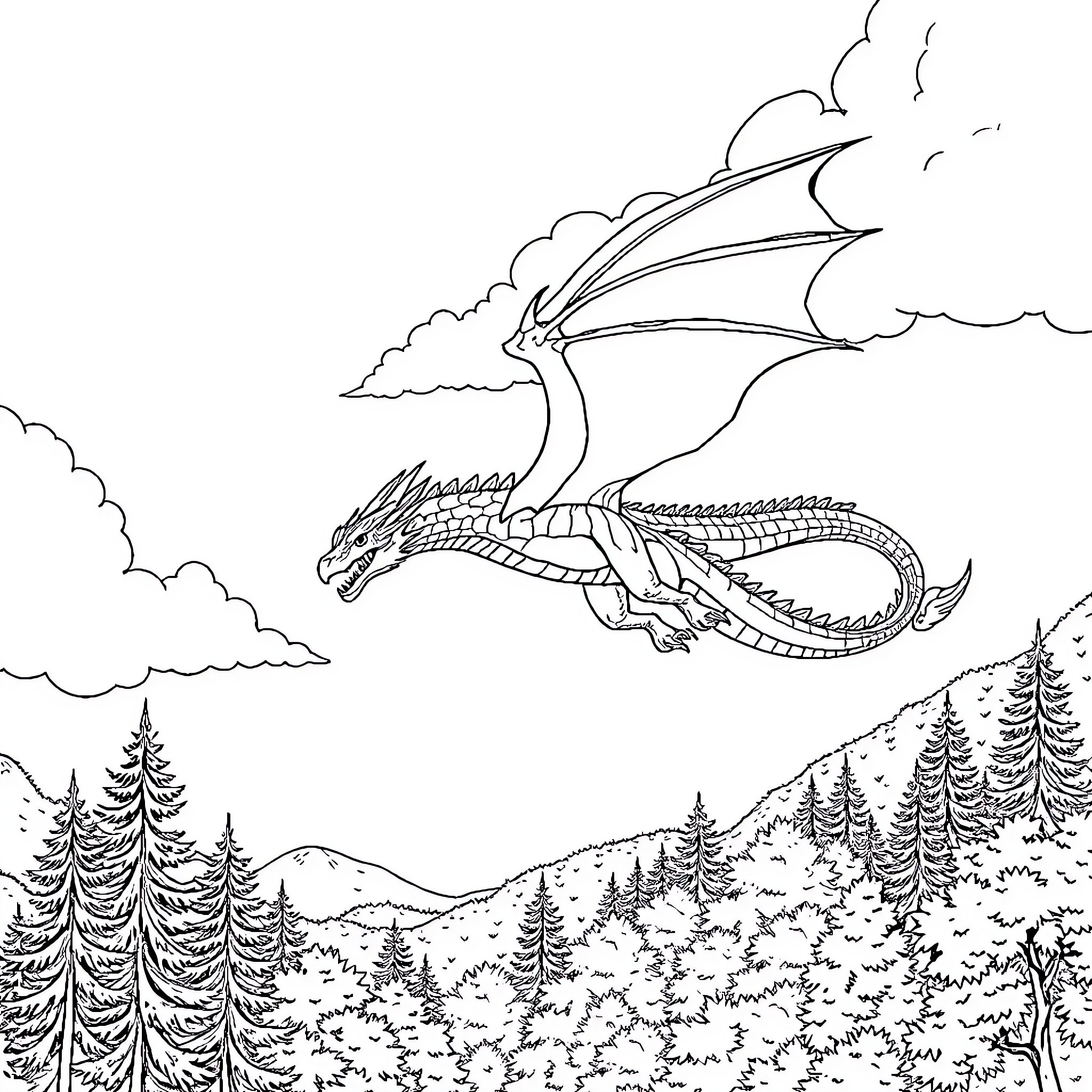 Dragon soaring through the cloudy skies Coloring Page (free black-and-white line drawing printable PDF for all, from beginners to advanced learners, including children, teens, adults, and seniors)