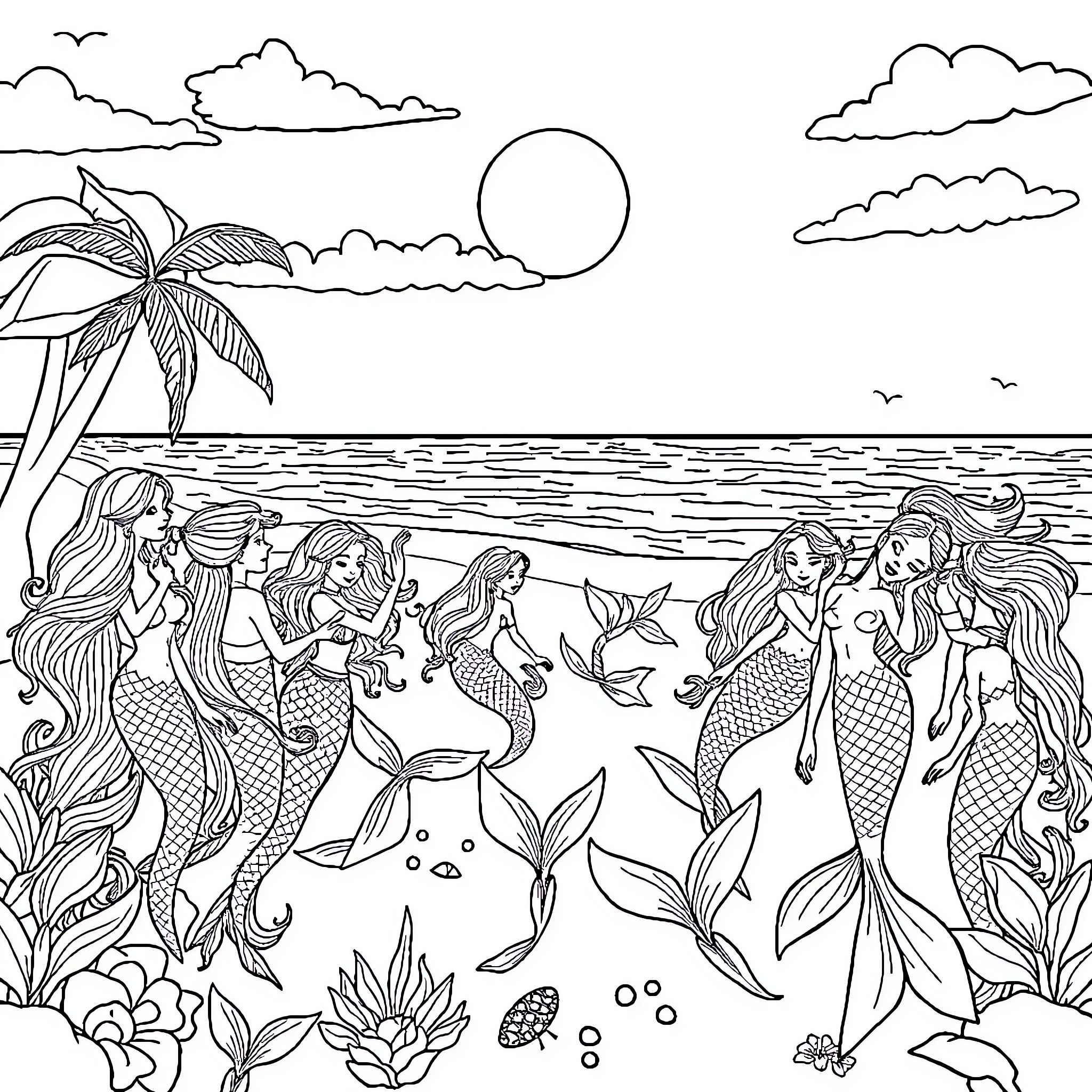 Mermaid gathering enjoying a tranquil seascape Coloring Page (free black-and-white line drawing printable PDF for all, from beginners to advanced learners, including children, teens, adults, and seniors)