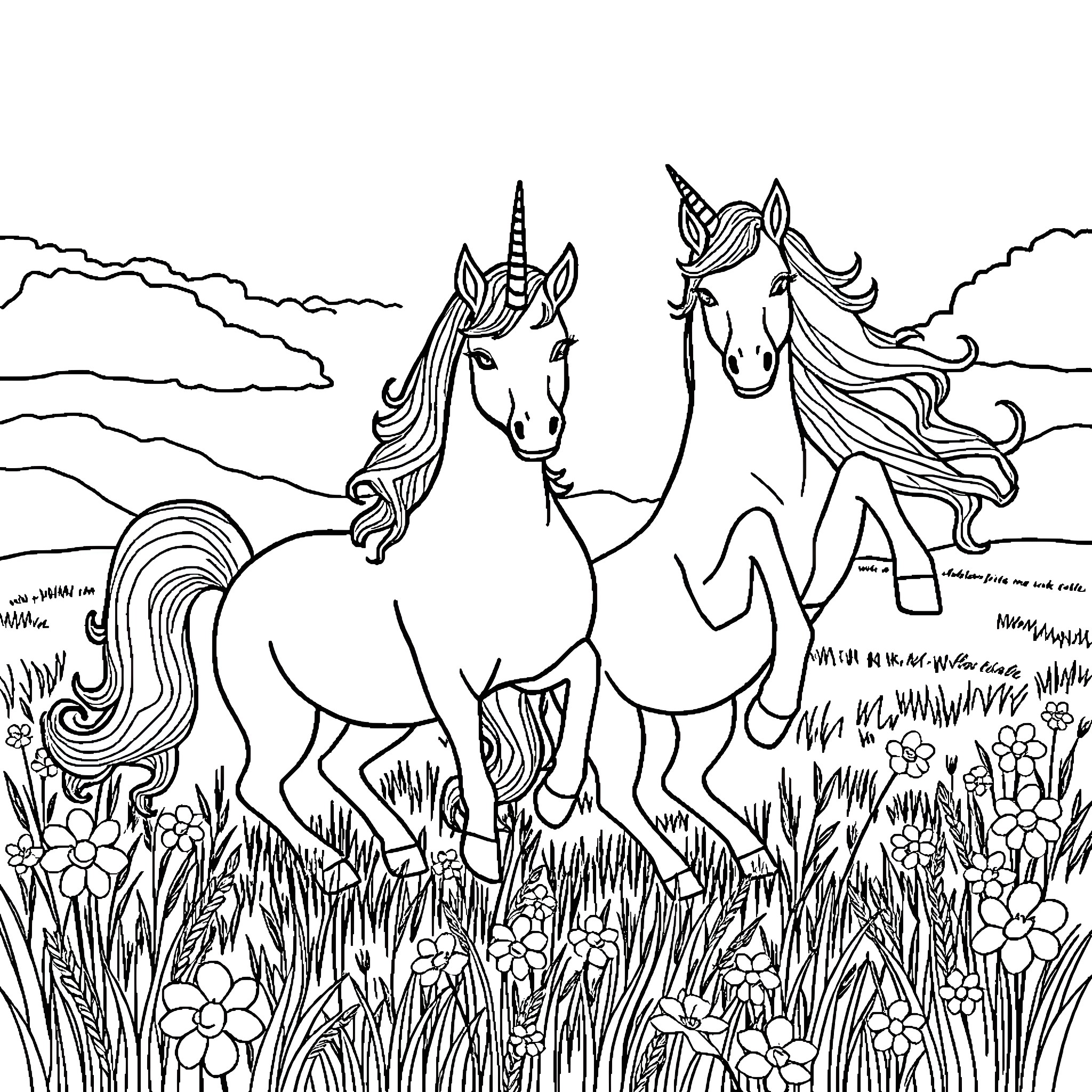 Unicorn companions galloping through a flowery meadow Coloring Page (free black-and-white line drawing printable PDF for all, from beginners to advanced learners, including children, teens, adults, and seniors)
