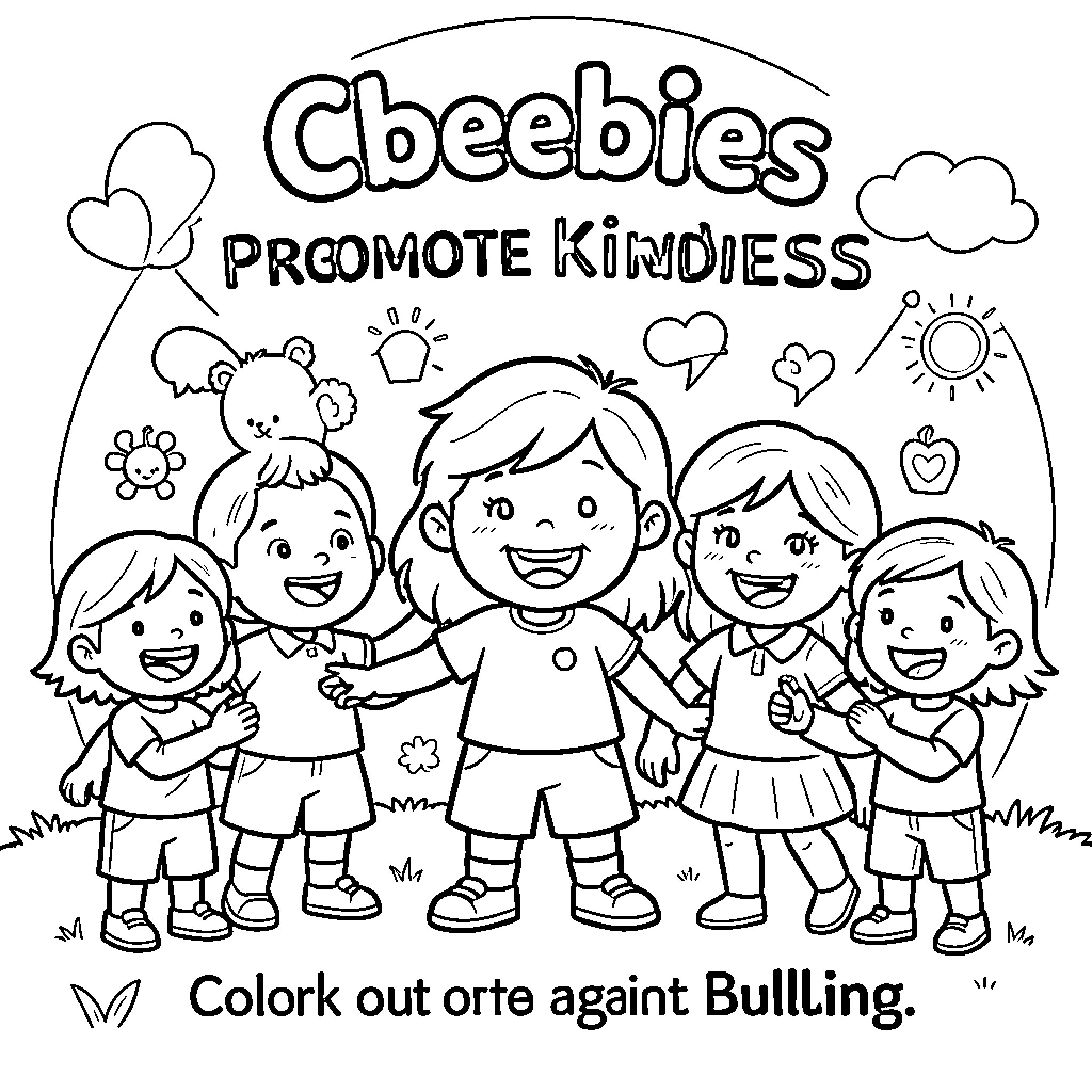 Cbeebies children holding hands and smiling happily Coloring Page (free black-and-white line drawing printable PDF for all, from beginners to advanced learners, including children, teens, adults, and seniors)