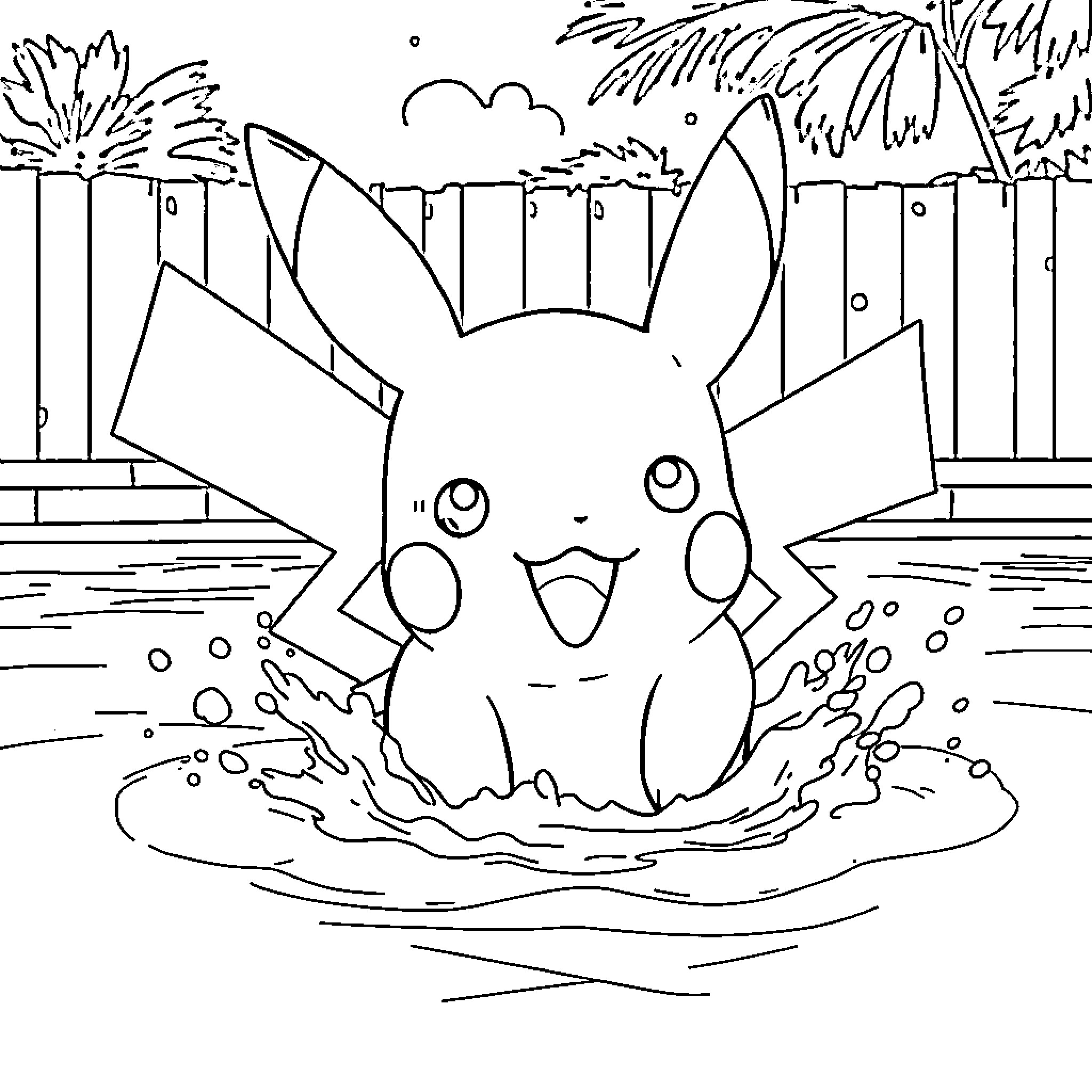 Pikachu splashing playfully in the water Coloring Page (free black-and-white line drawing printable PDF for all, from beginners to advanced learners, including children, teens, adults, and seniors)