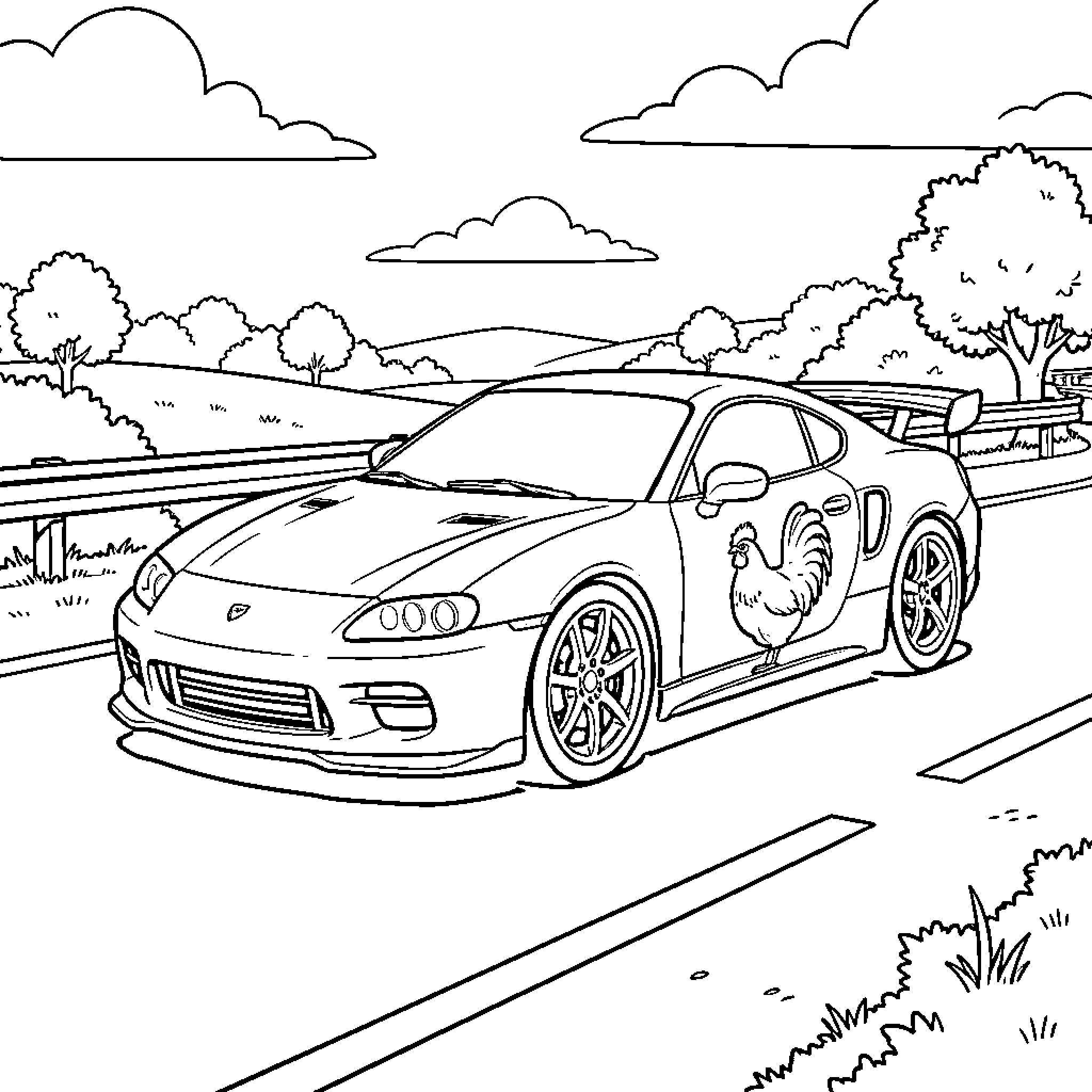 Car driving along a scenic road with a rooster Coloring Page (free black-and-white line drawing printable PDF for all, from beginners to advanced learners, including children, teens, adults, and seniors)