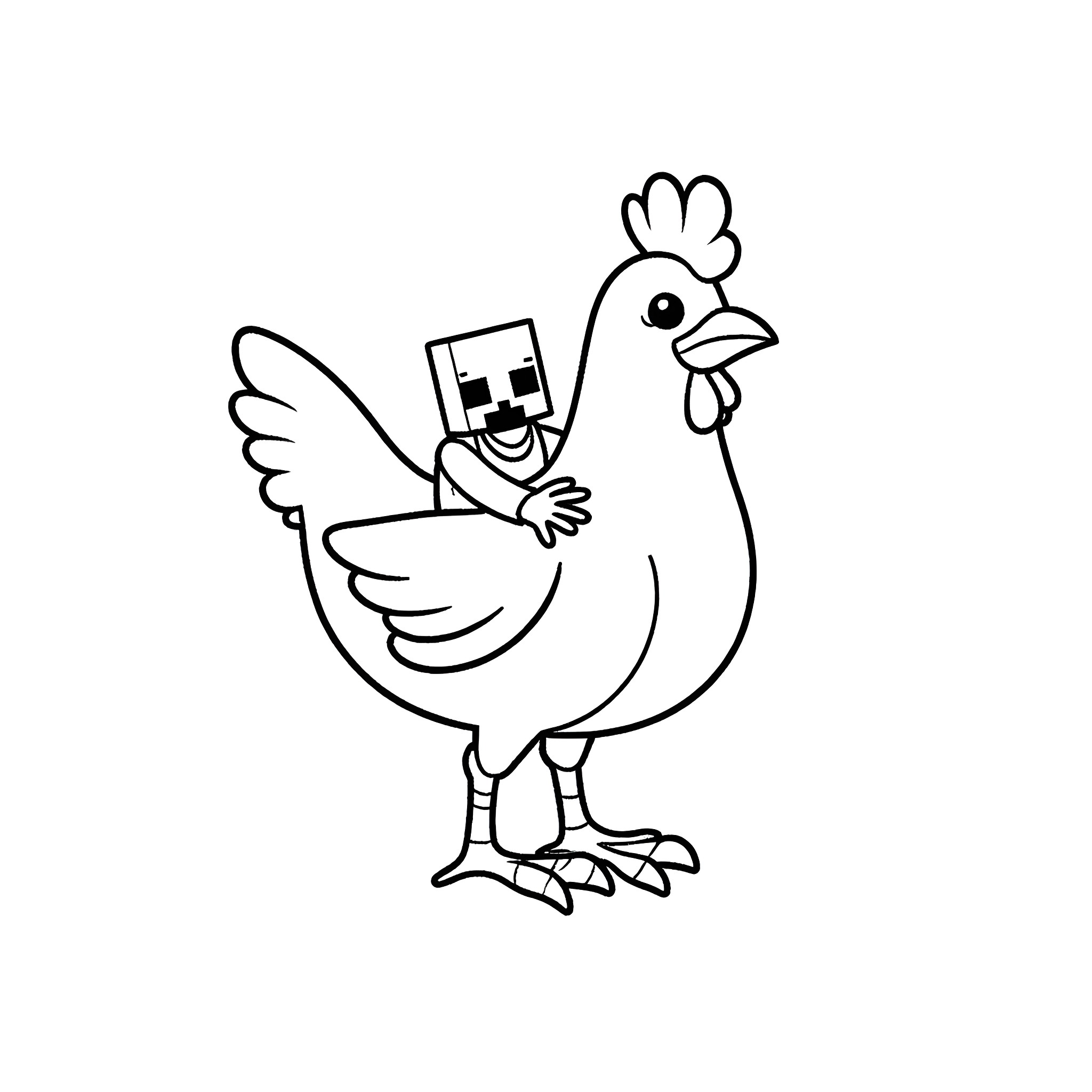 Chicken character with video game blocks Coloring Page (free black-and-white line drawing printable PDF for all, from beginners to advanced learners, including children, teens, adults, and seniors)