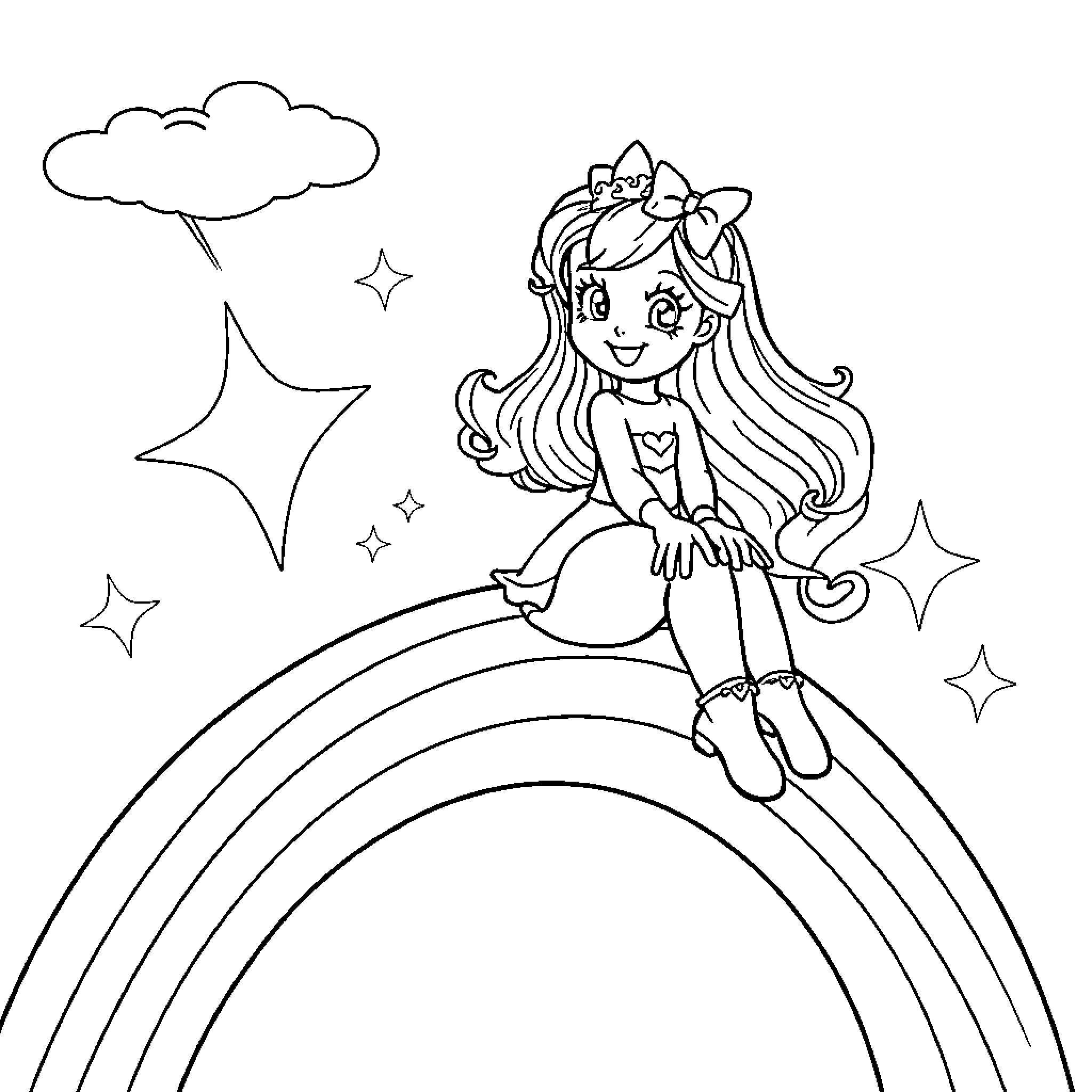 Rainbow Brite sits on a vibrant rainbow Coloring Page (free black-and-white line drawing printable PDF for all, from beginners to advanced learners, including children, teens, adults, and seniors)