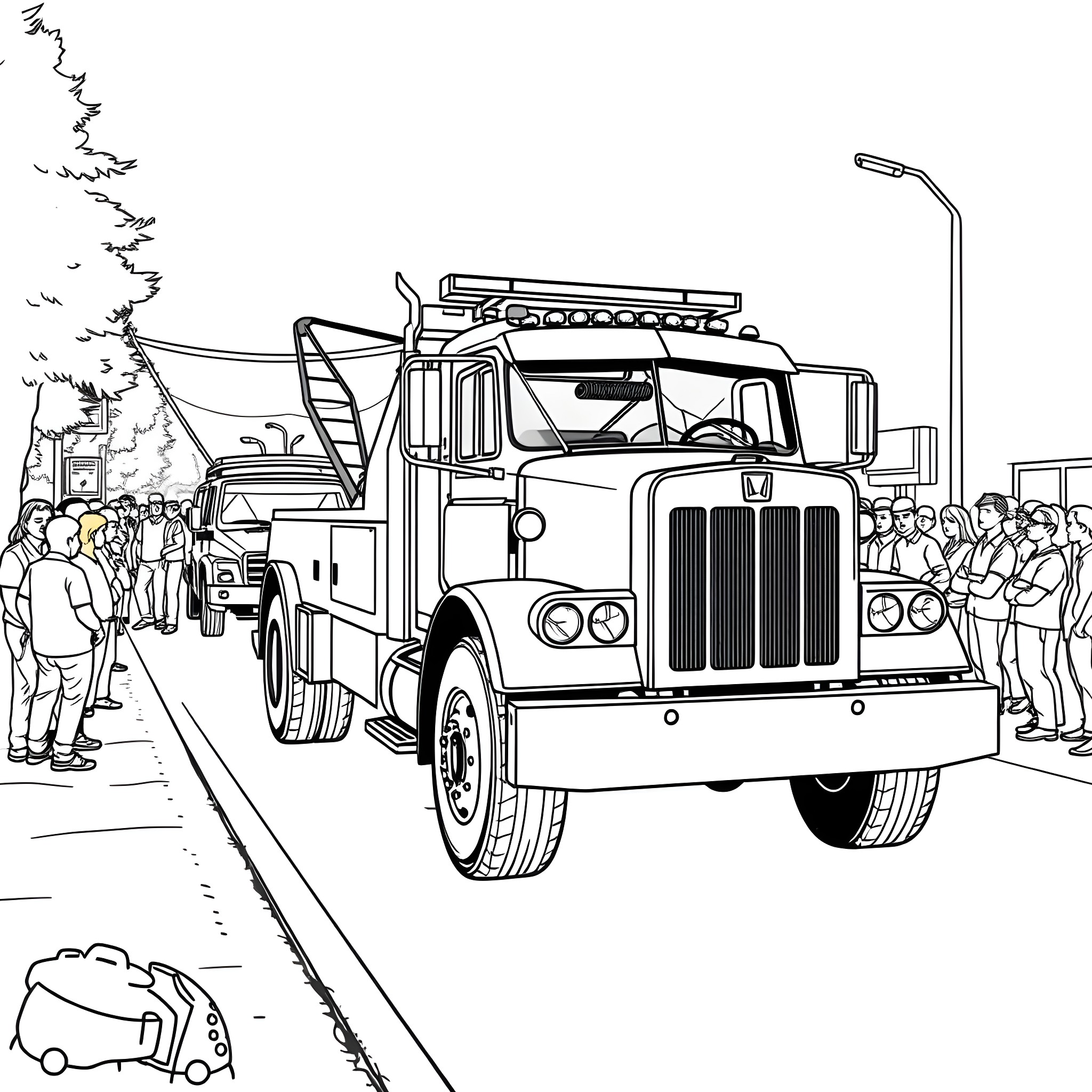 Tow Truck Assisting Stranded Motorists on the Road Coloring Page (free black-and-white line drawing printable PDF for all, from beginners to advanced learners, including children, teens, adults, and seniors)