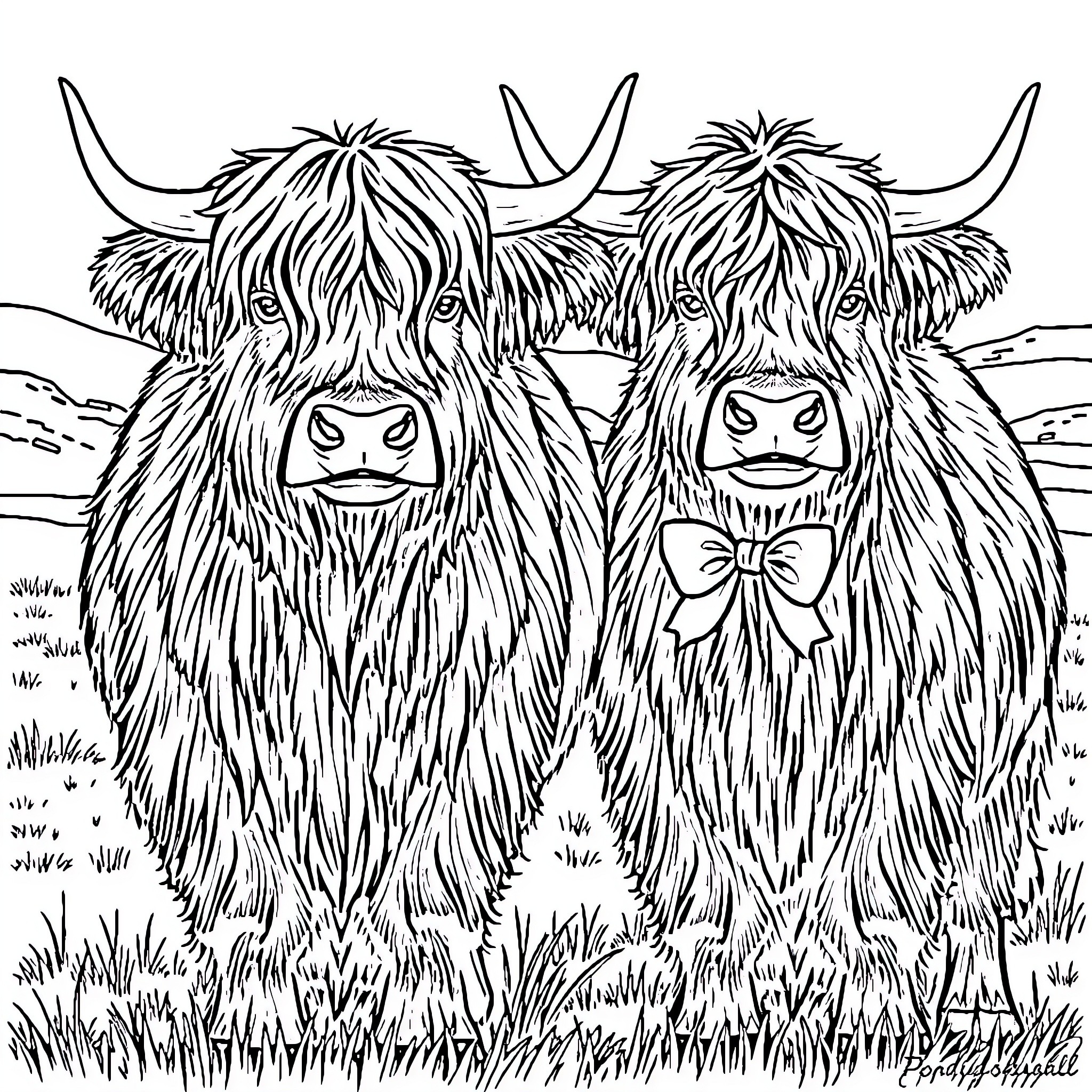 Scottish Highland Cattle grazing in the meadow Coloring Page (free black-and-white line drawing printable PDF for all, from beginners to advanced learners, including children, teens, adults, and seniors)