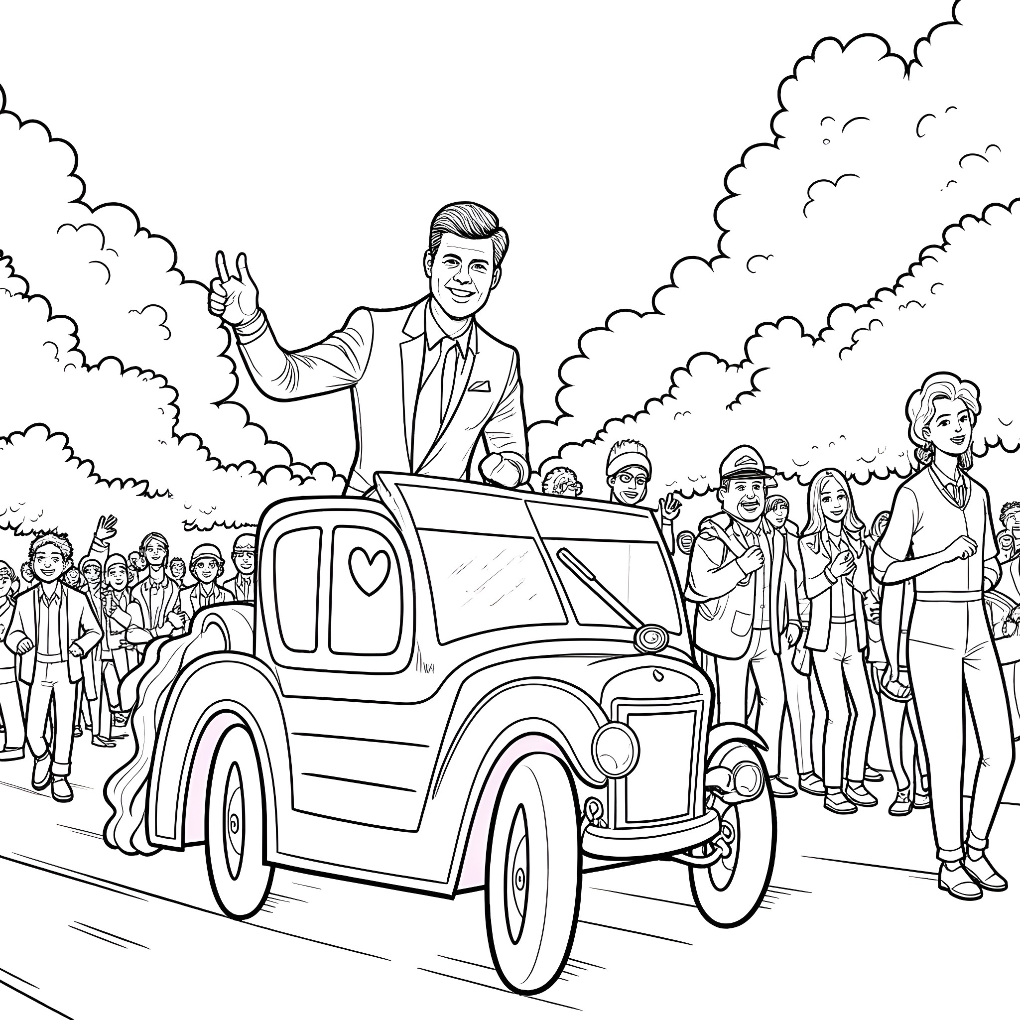 JFK waving to crowd from vintage car Coloring Page (free black-and-white line drawing printable PDF for all, from beginners to advanced learners, including children, teens, adults, and seniors)
