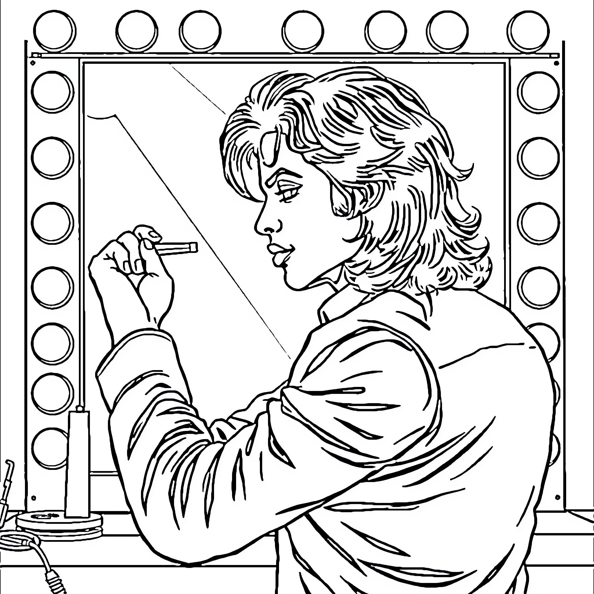 Michael Jackson Applying Makeup at Dressing Room Coloring Page (free black-and-white line drawing printable PDF for all, from beginners to advanced learners, including children, teens, adults, and seniors)