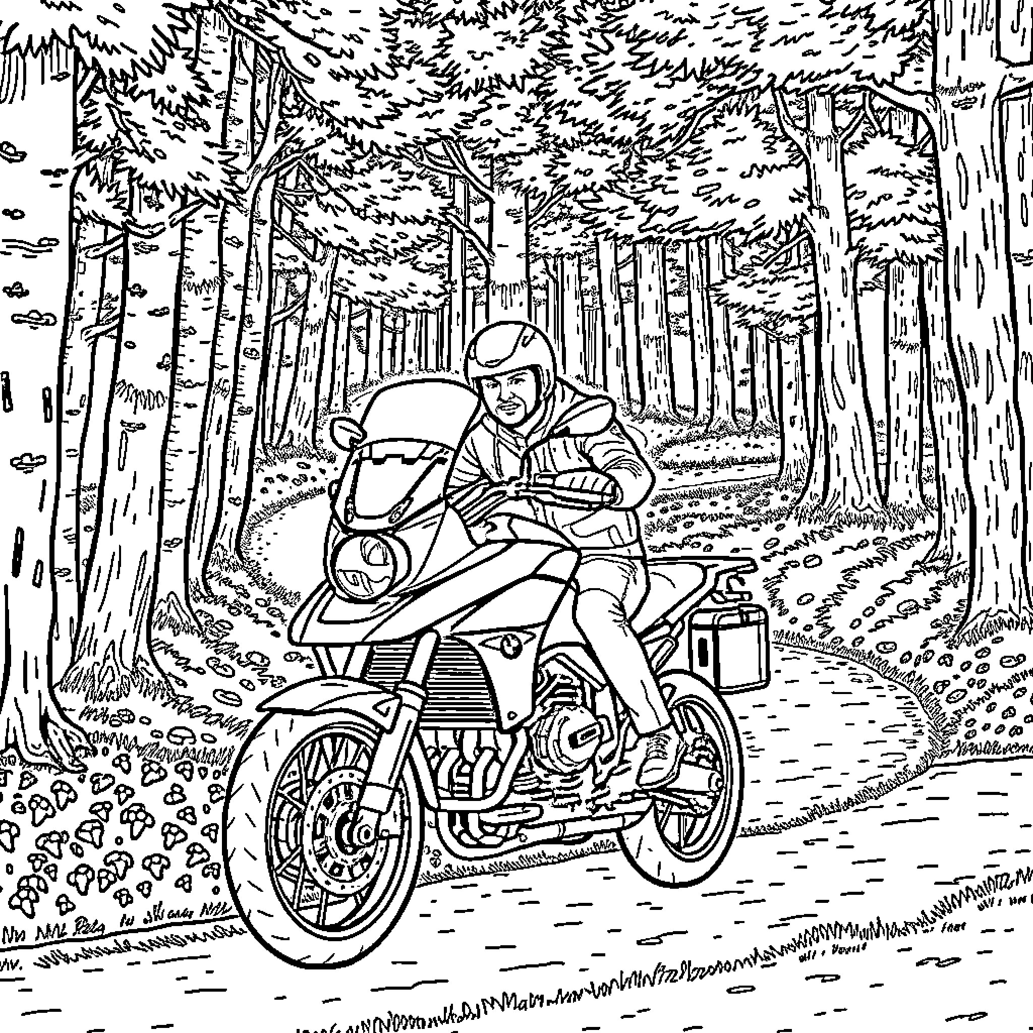 Man riding motorcycle through wooded trail Coloring Page (free black-and-white line drawing printable PDF for all, from beginners to advanced learners, including children, teens, adults, and seniors)