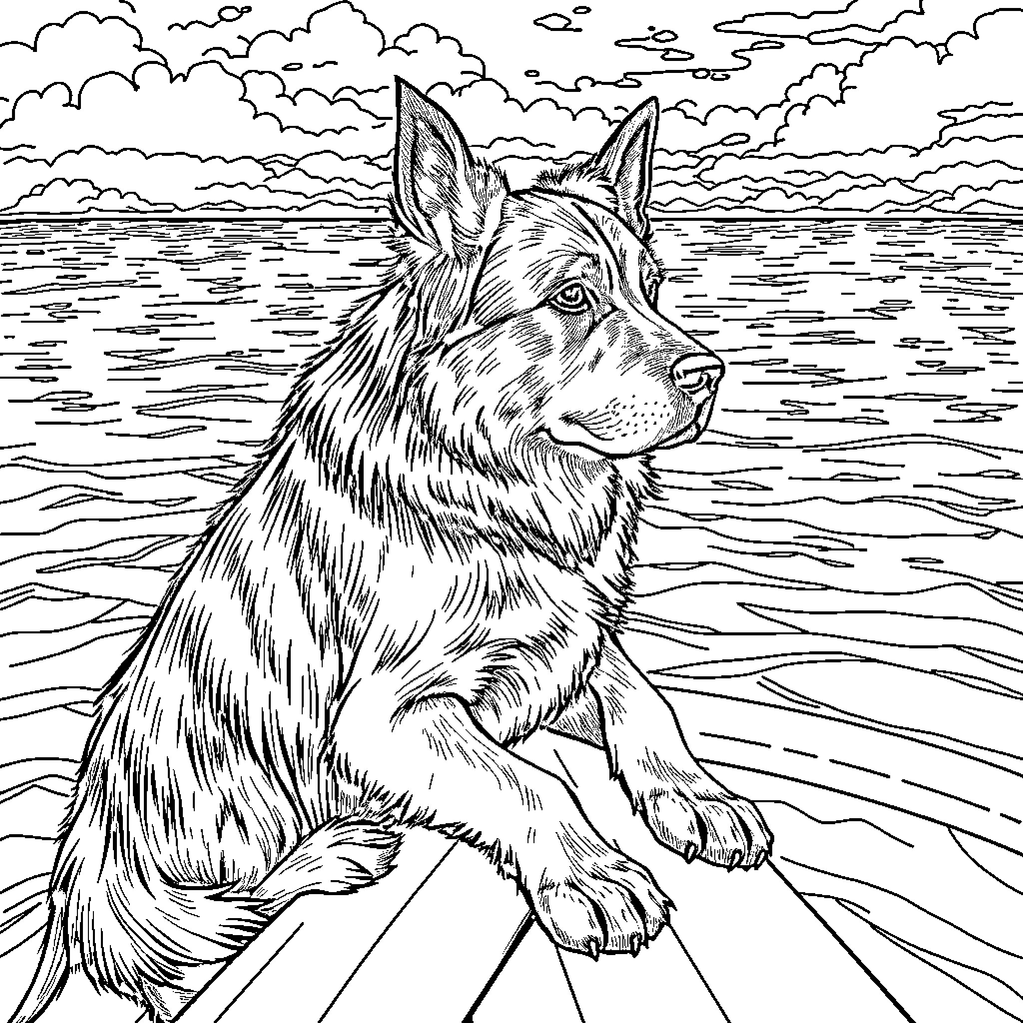 Chien enjoying the serene landscape by the lake Coloring Page (free black-and-white line drawing printable PDF for all, from beginners to advanced learners, including children, teens, adults, and seniors)