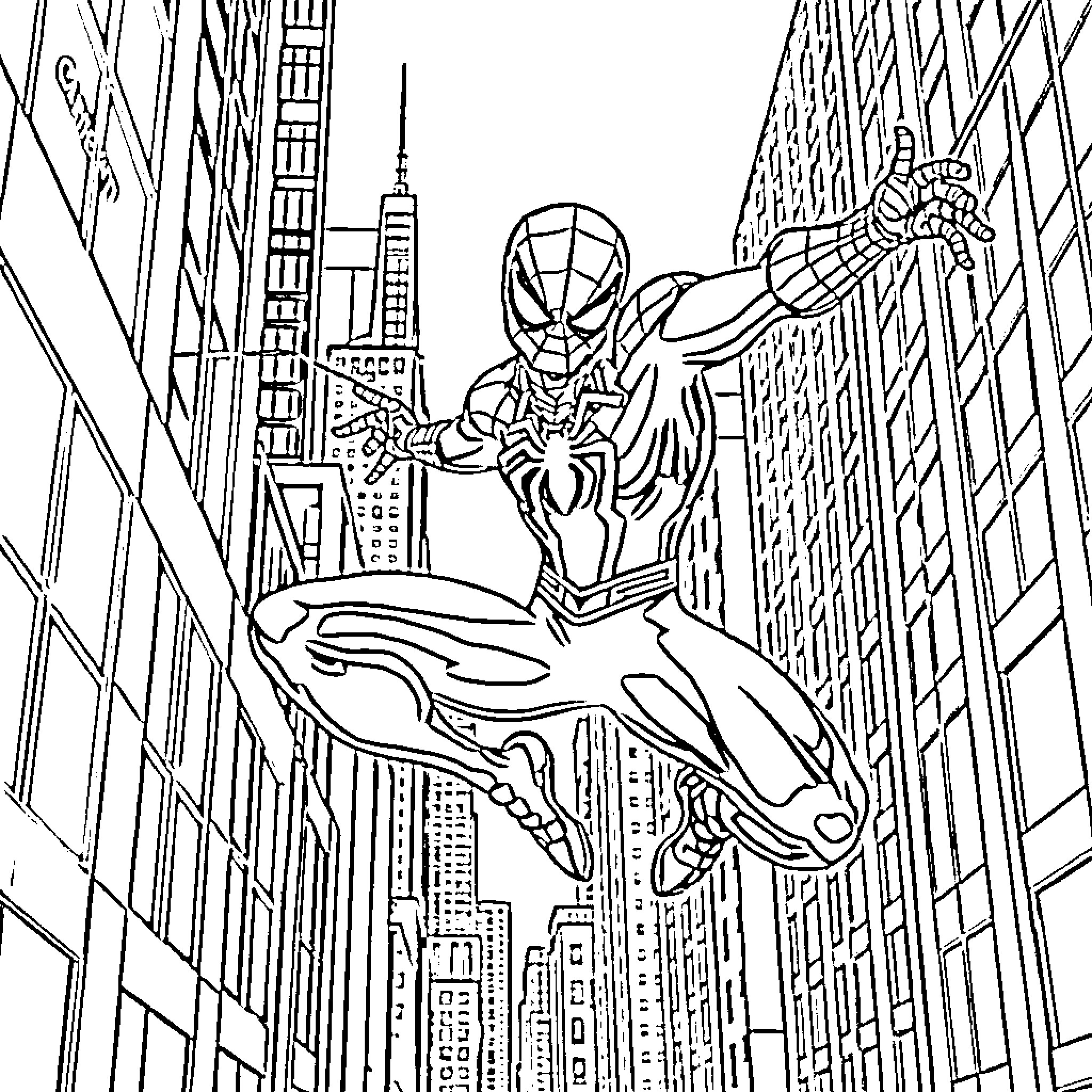Spiderman swinging through the city skyline Coloring Page (free black-and-white line drawing printable PDF for all, from beginners to advanced learners, including children, teens, adults, and seniors)