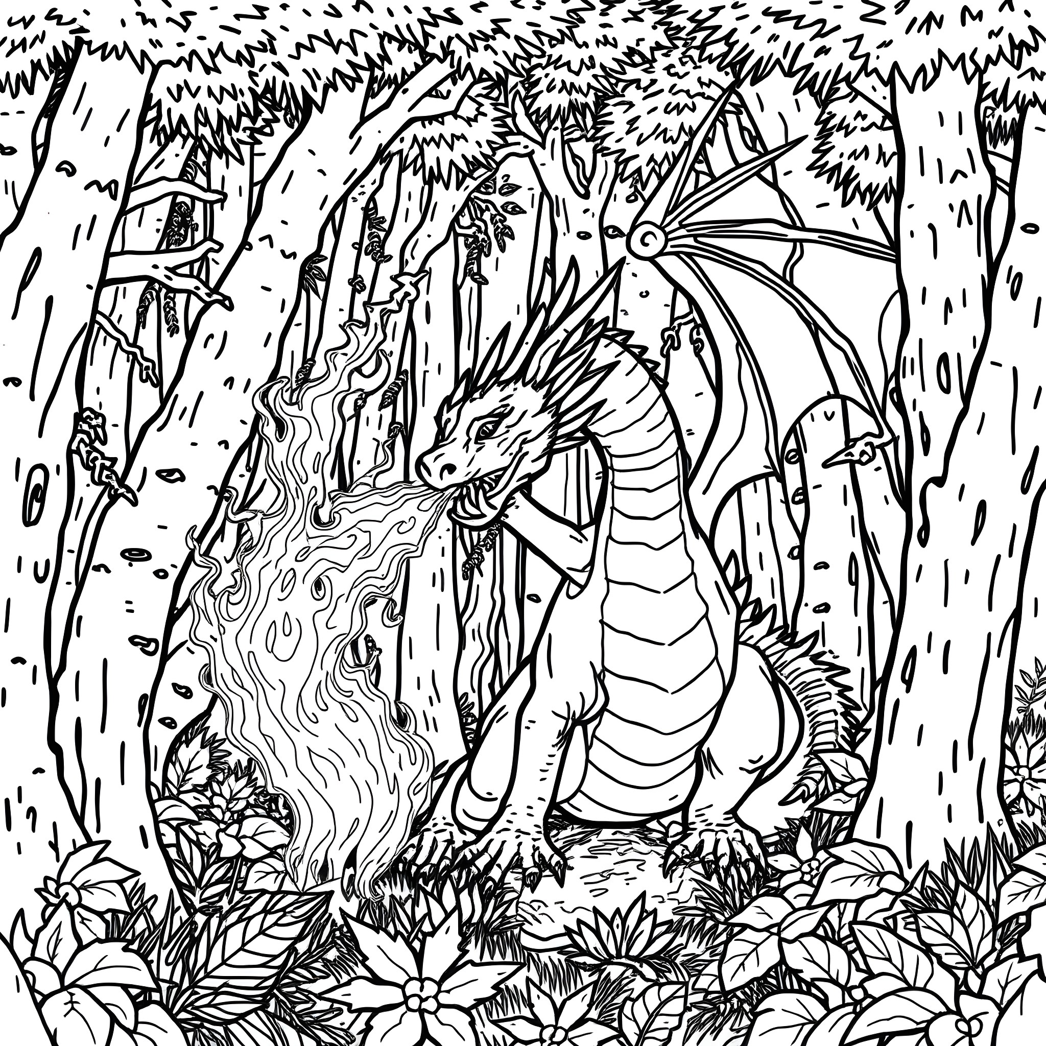 Dragon Emerging from Magical Forest Coloring Page (free black-and-white line drawing printable PDF for all, from beginners to advanced learners, including children, teens, adults, and seniors)