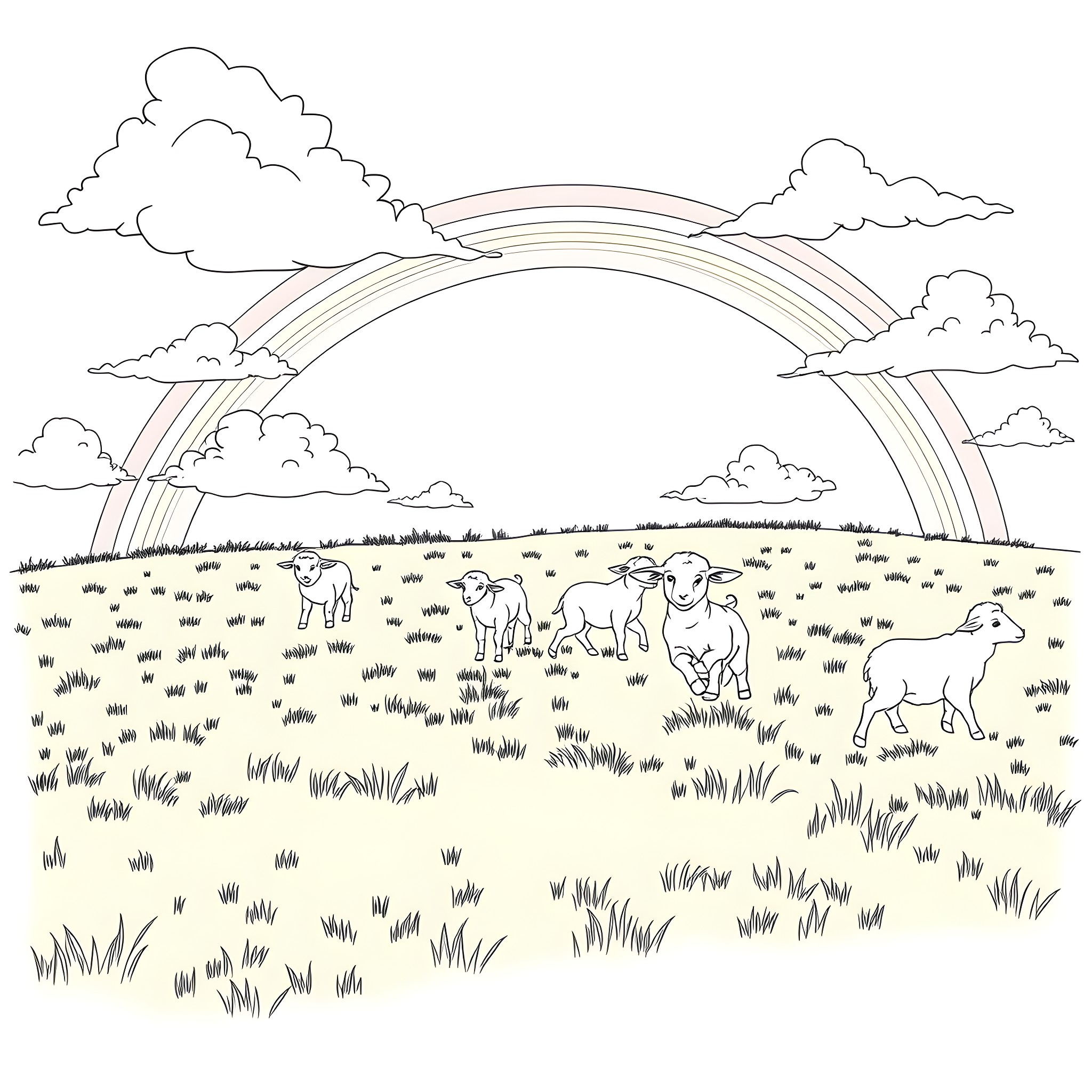 Lamb frolicking under a rainbow in the meadow Coloring Page (free black-and-white line drawing printable PDF for all, from beginners to advanced learners, including children, teens, adults, and seniors)
