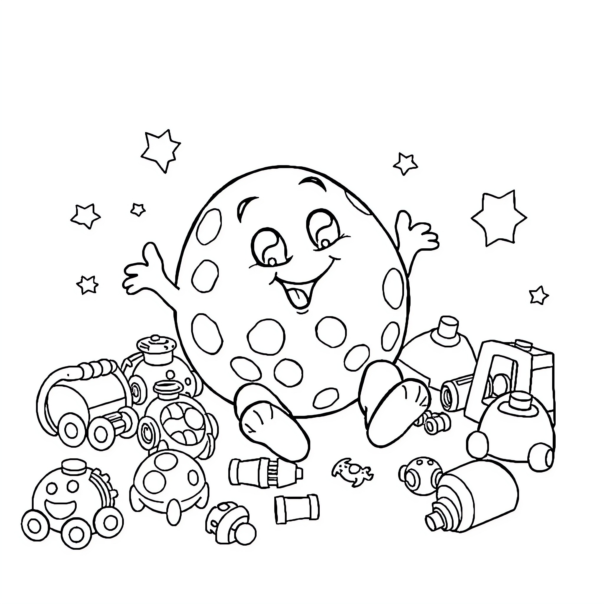Pebble playing with toy vehicles in the stars Coloring Page (free black-and-white line drawing printable PDF for all, from beginners to advanced learners, including children, teens, adults, and seniors)