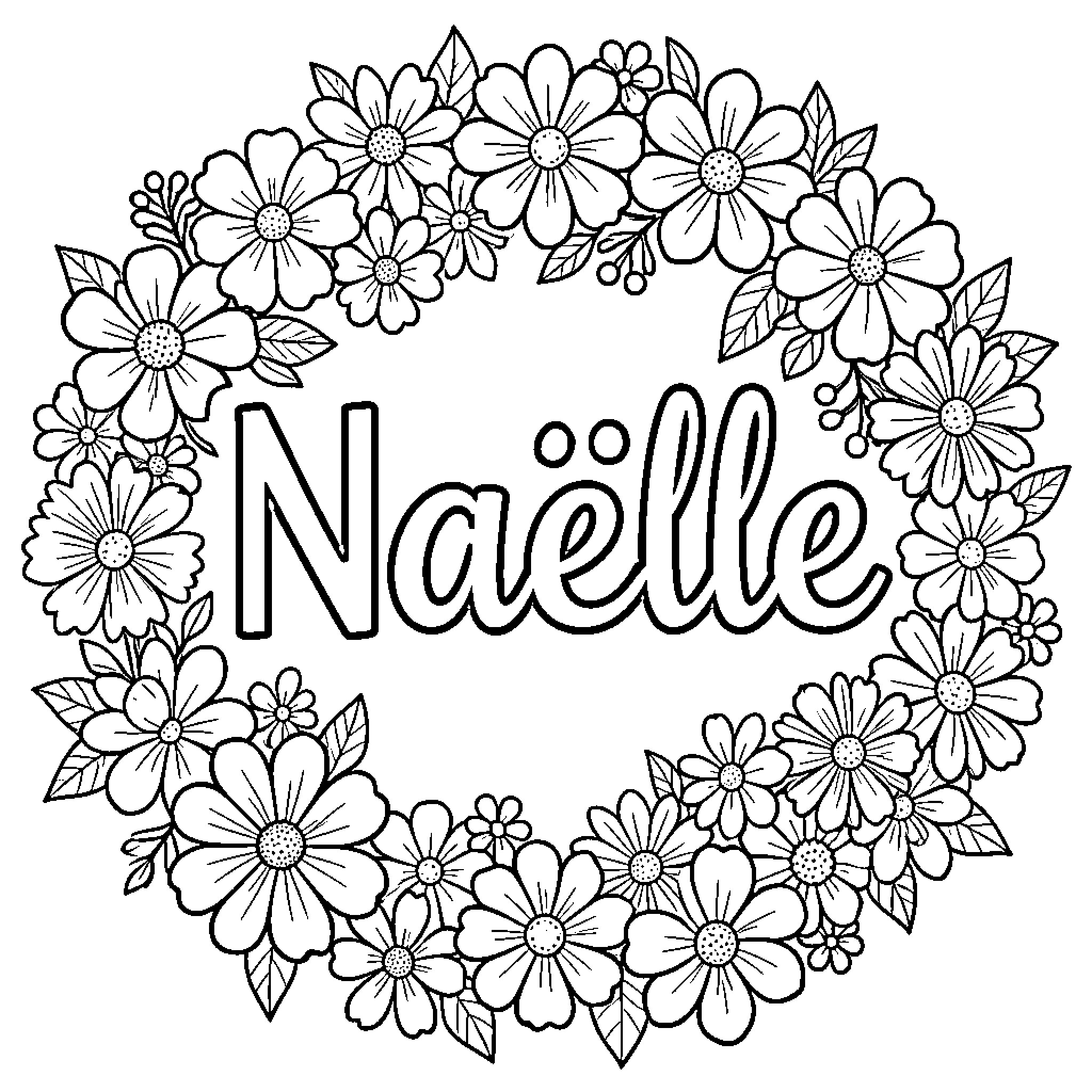 Naëlle framed by a beautiful floral wreath Coloring Page (free black-and-white line drawing printable PDF for all, from beginners to advanced learners, including children, teens, adults, and seniors)
