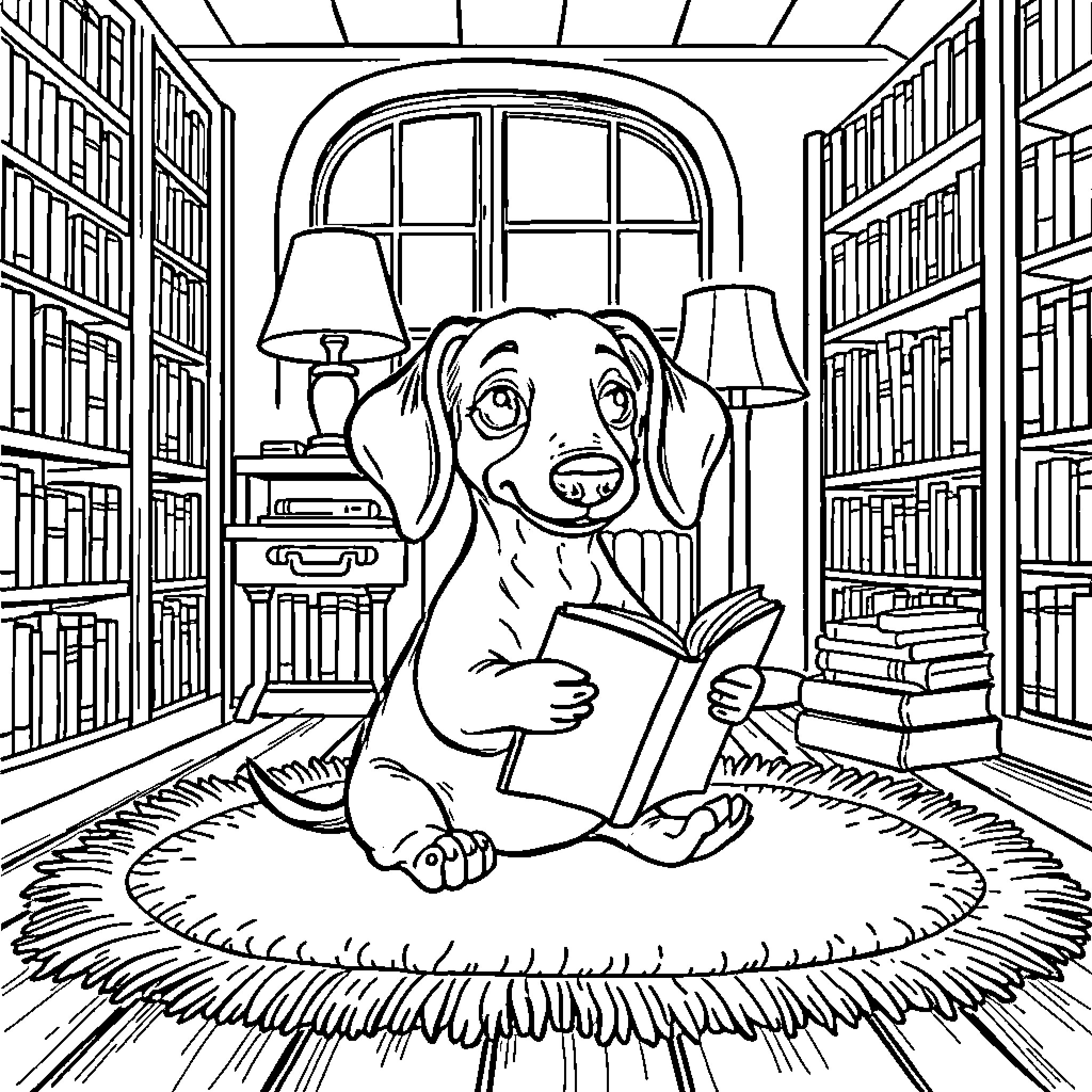 Dachshund reading book in a cozy library Coloring Page (free black-and-white line drawing printable PDF for all, from beginners to advanced learners, including children, teens, adults, and seniors)