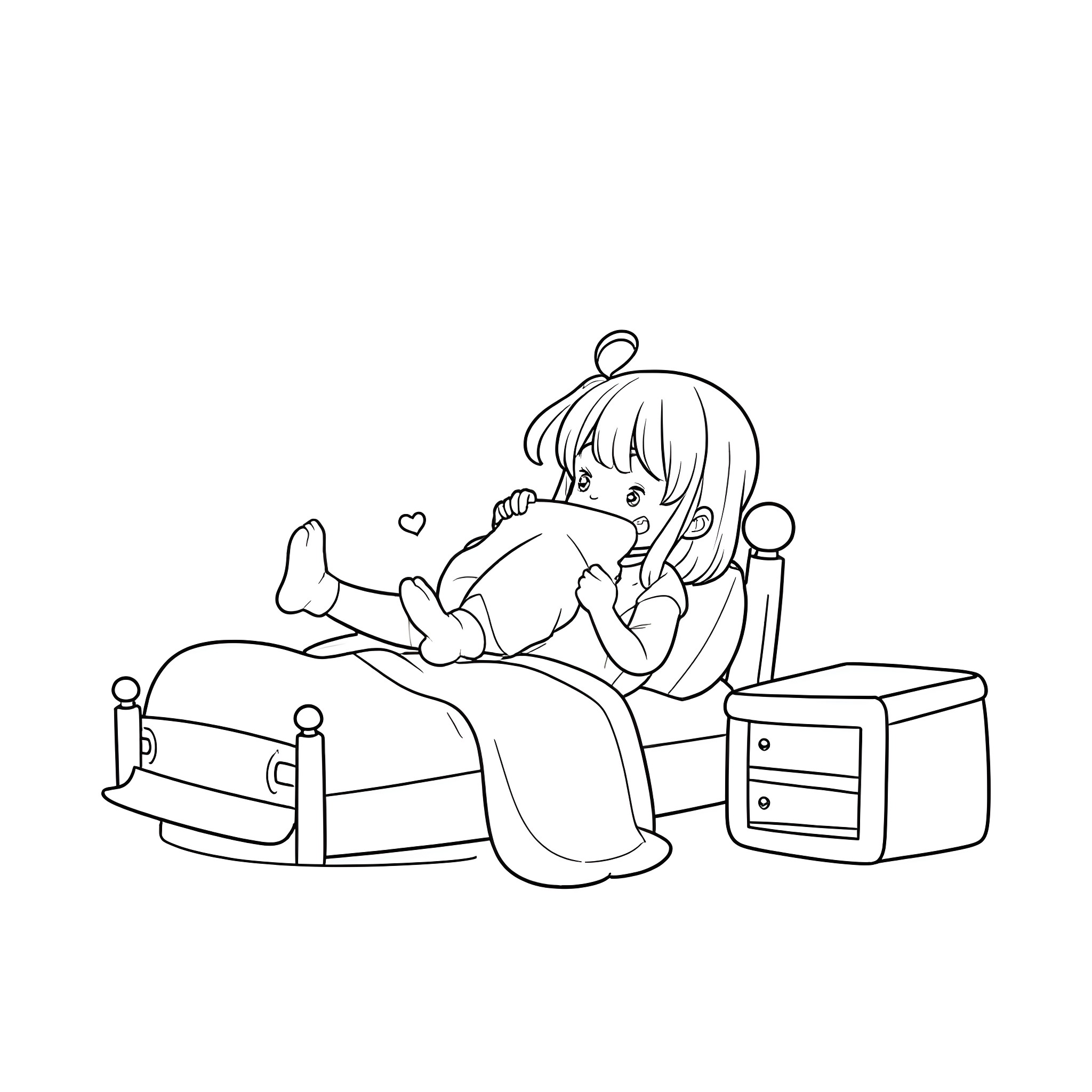 Anime Girl Relaxing Comfortably in Bed Coloring Page (free black-and-white line drawing printable PDF for all, from beginners to advanced learners, including children, teens, adults, and seniors)
