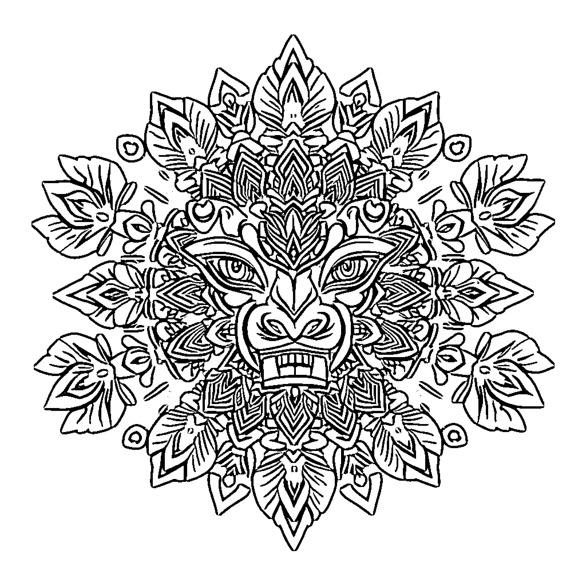 Animal Mask with Ornate Floral Design Coloring Page (free black-and-white line drawing printable PDF for all, from beginners to advanced learners, including children, teens, adults, and seniors)